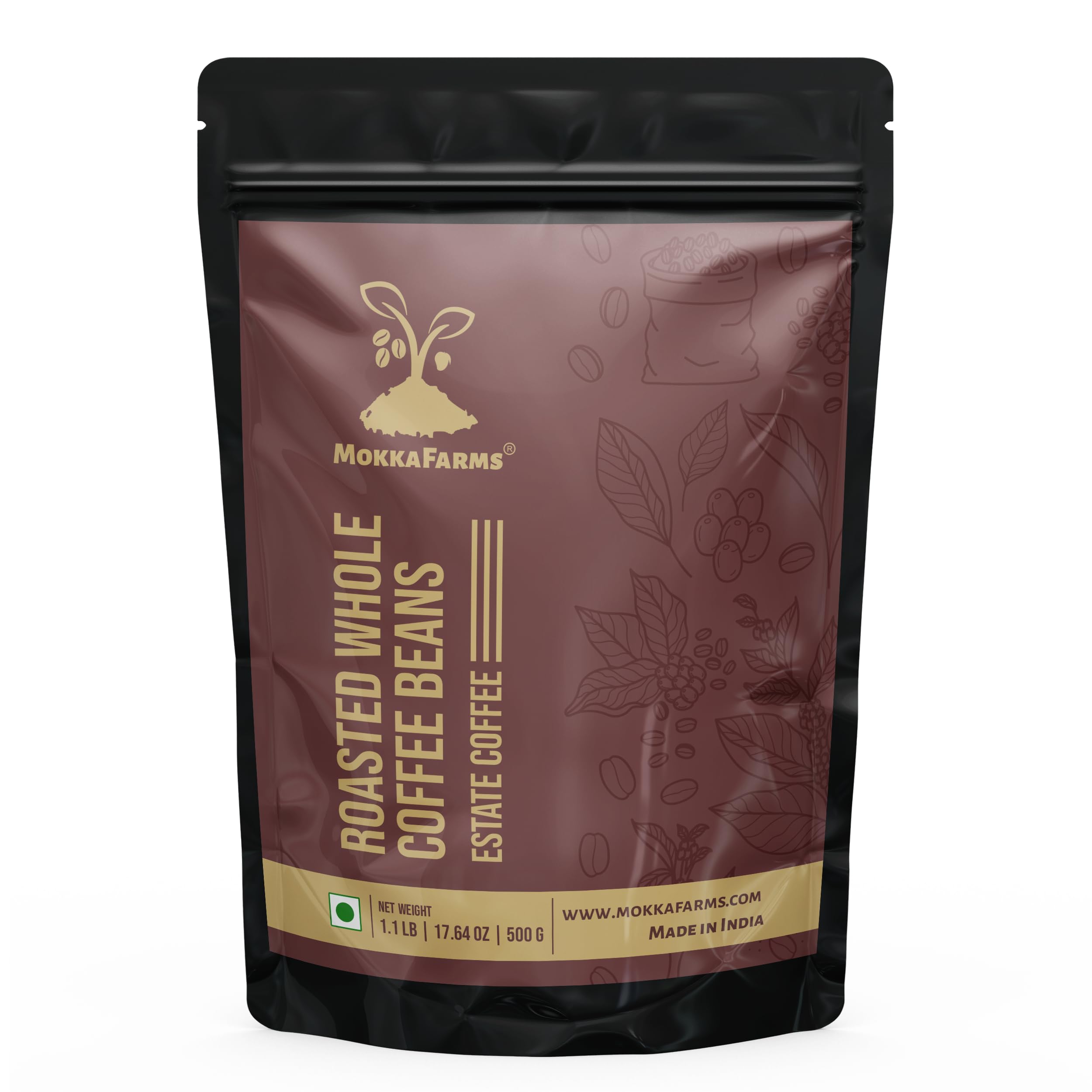 Mokka Farms Premium Roasted Coffee Beans 500g | 100% Robusta | Medium Roast | Fresh Estate Coffee | Graded A/AA Whole Beans | Strong Flavor & Aroma | Farm to Fork Quality | Resealable Zip Lock Bag
