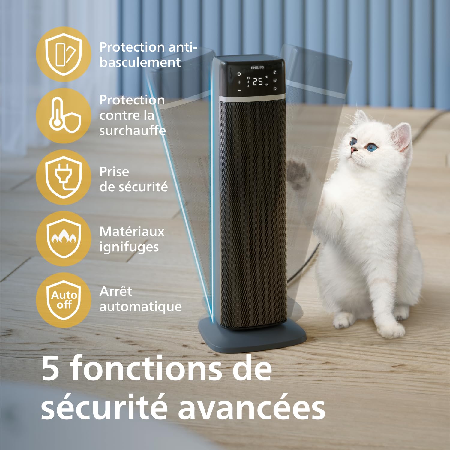 Philips Radiateur soufflant connecté Série 5000, 2000W, jusqu’à 50 % d’économies d’énergie, 4 modes, affichage température, 5 sécurités, oscillation 60°, silencieux, noir/gris (CX5120/11)