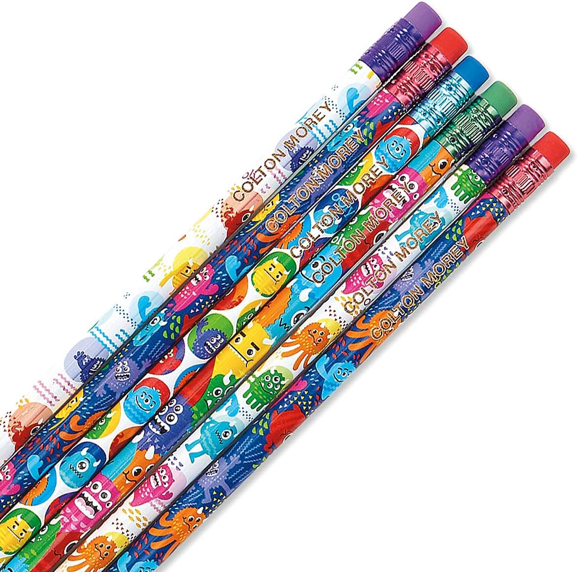Lillian Vernon Personalized Monster Pencils - Set of 12, Engraved Name, Hardwood #2 School Pencils, Kid's Gift