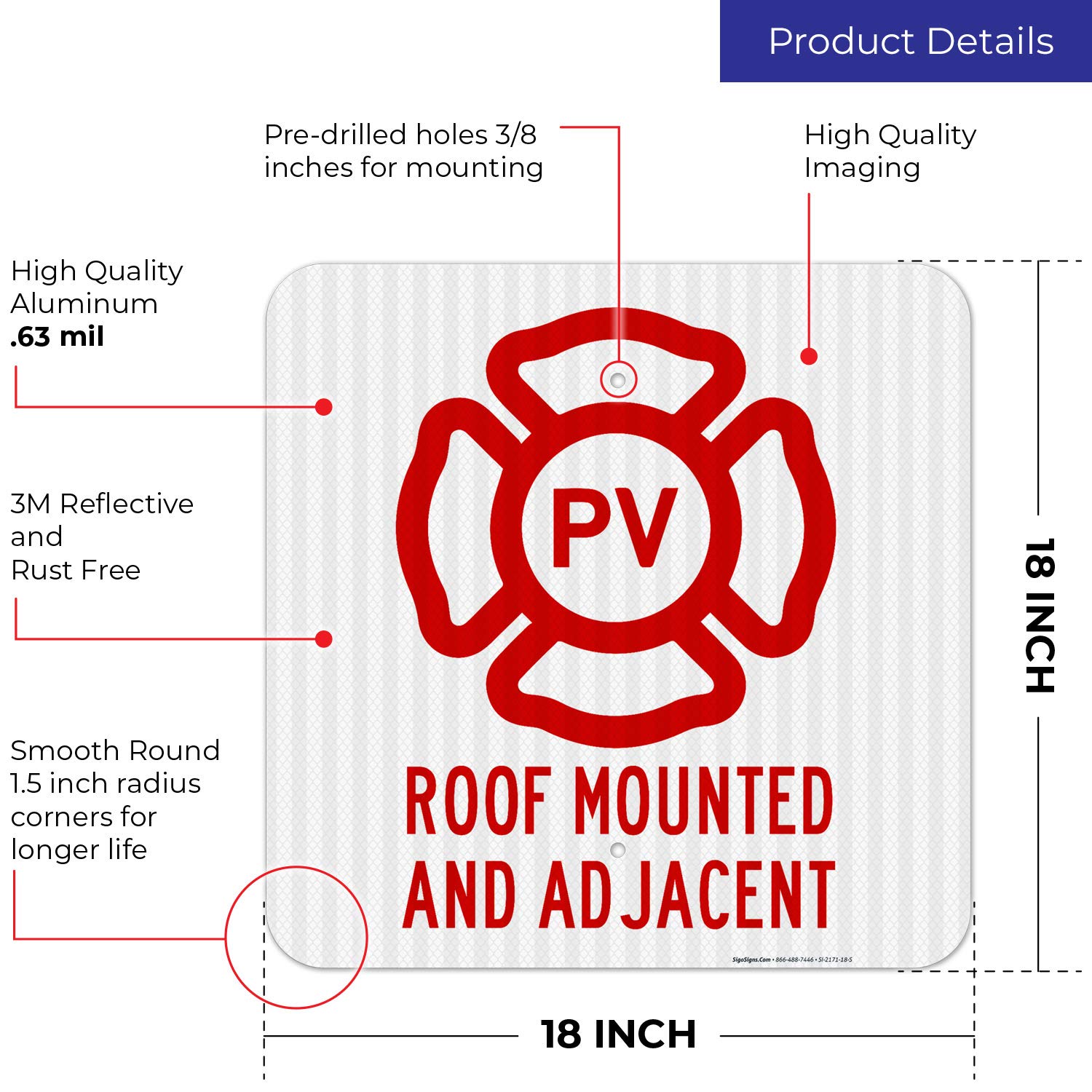 NJ Roof Mounted and Adjacent Solar Panel Sign, 18x18 Inches, 3M EGP Reflective .063 Aluminum, Fade Resistant, Indoor/Outdoor Use, Made in USA