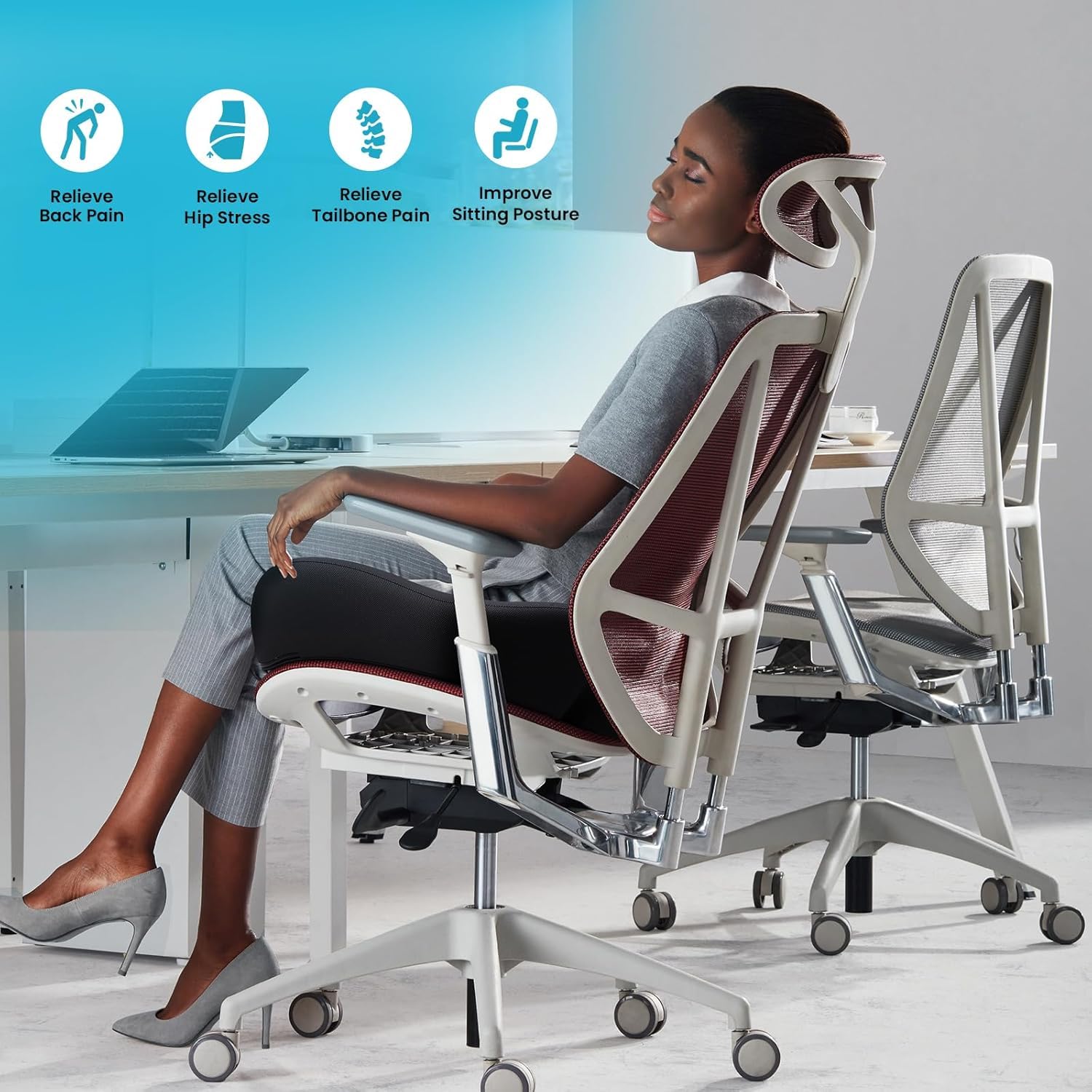 Benazcap Cojín de Asiento, cojín de Espuma viscoelástica para Silla de Oficina, Cojines ergonómicos para aliviar el Dolor de coxis, ciática y Soporte de Espalda, cojín de Silla de Oficina y cojín de