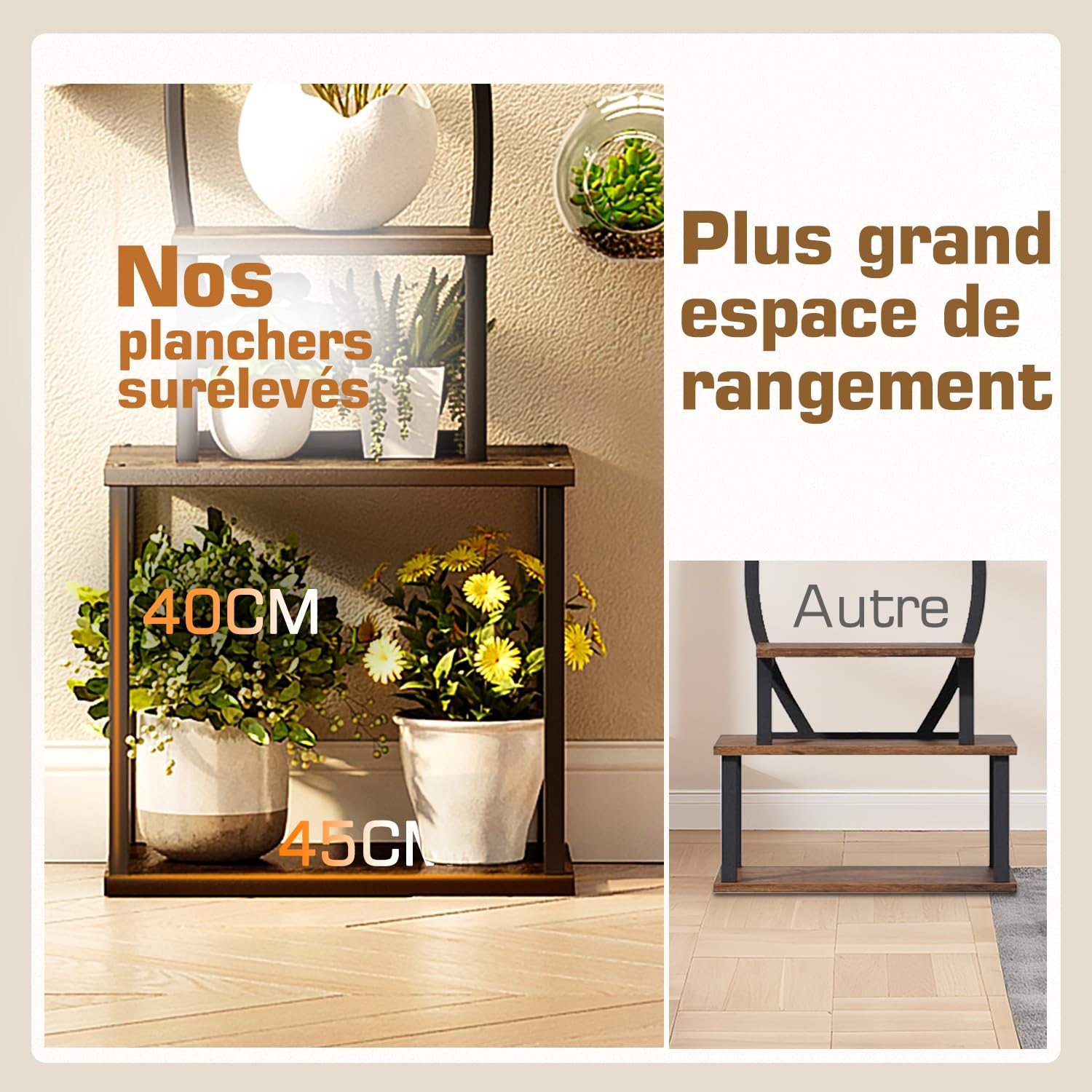 Support Plantes 150cm – 8 étagères, LED croissance, métal noir | Support plantes 150cm | 8 étagères | LED croissance + minuterie | Métal noir + bois | Int & ext | Salon, balcon