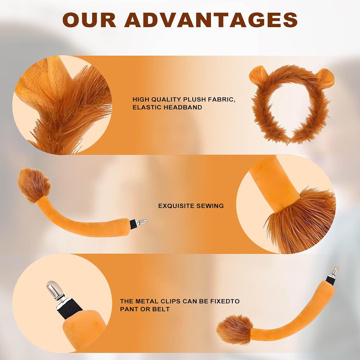 5Pcs Lion Costume Set for Adult Men Women - Lion Ears Headband Furry Tail, Paw Gloves for Halloween Dress Up Cosplay