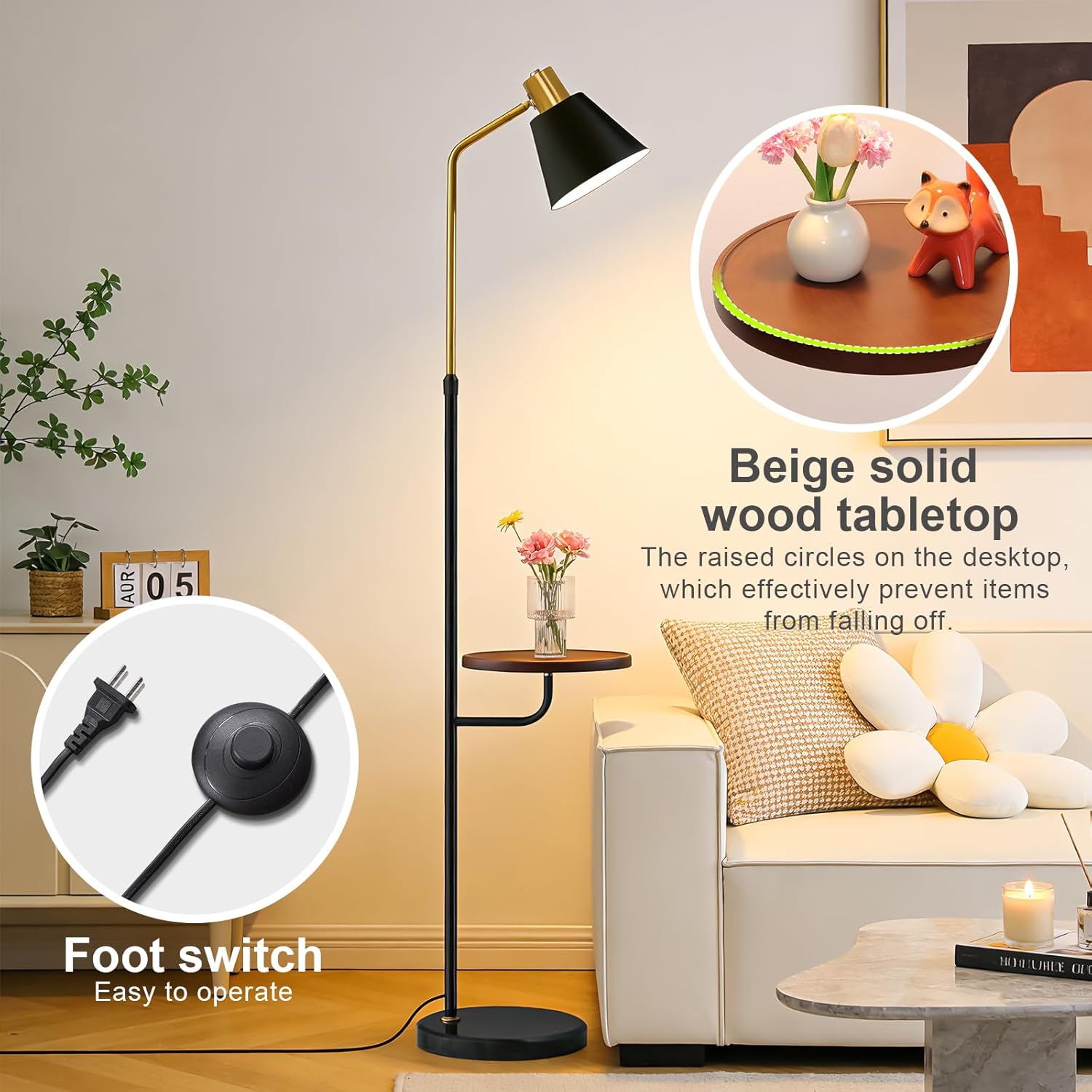 Black Floor Lamp with Walnut Side Table for Living Room Bedroom, Modern Standing Lamp 12W LED 3-Color Dimmable 3000K/4500K/6500K, Adjustable Reading Light with Shelf for Home Office Corner end