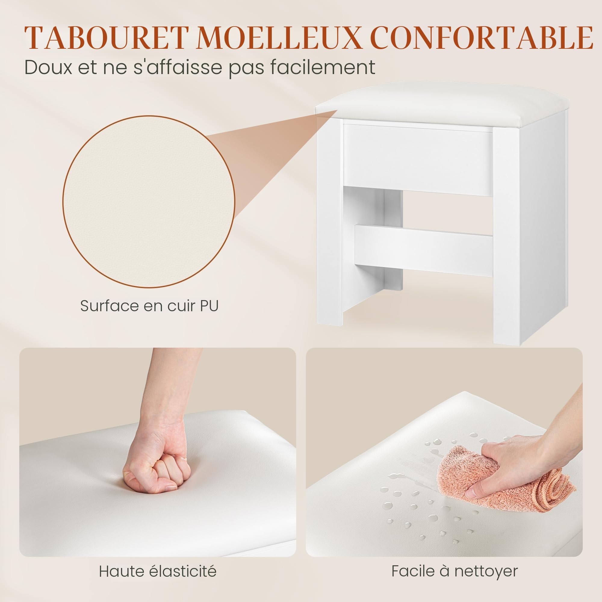 HEXCELEN Tabouret de Coiffeuse, Repos-Pieds, Chaise Rembourrée de Maquillage, avec Patins Antidérapants, pour Chambre, Dressing, Entrée, 30 x 40 x 44 cm, Blanc