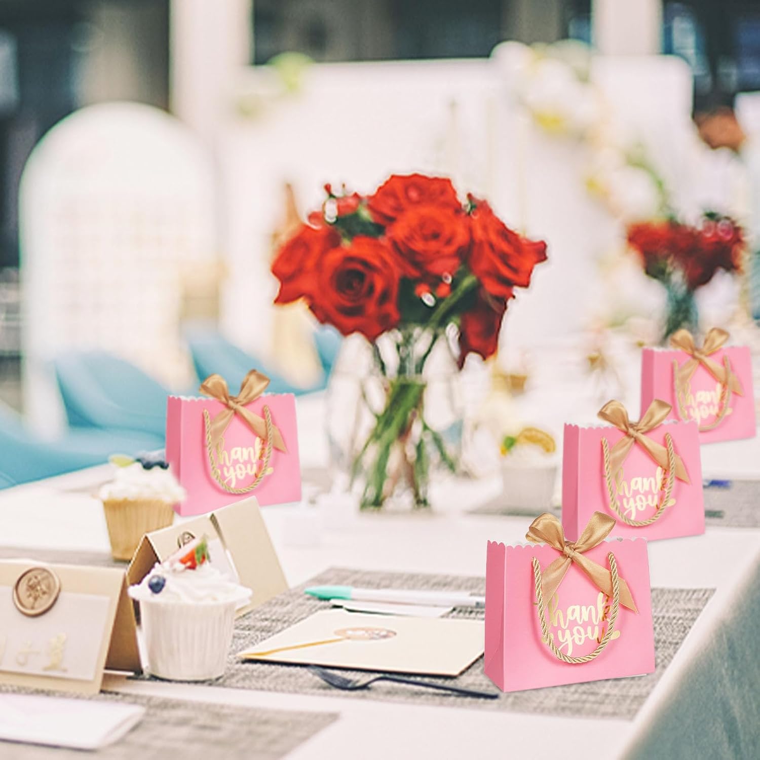 50 Pack Small Thank You Gift Bags with Handles, Pink Mini Party Favor Bags 5.5''x 2.5''x4.7'', Mini Gift Bags Bulk with Bow Ribbon for Valentine's Day, Bridal, Wedding, Baby Shower - Image 7