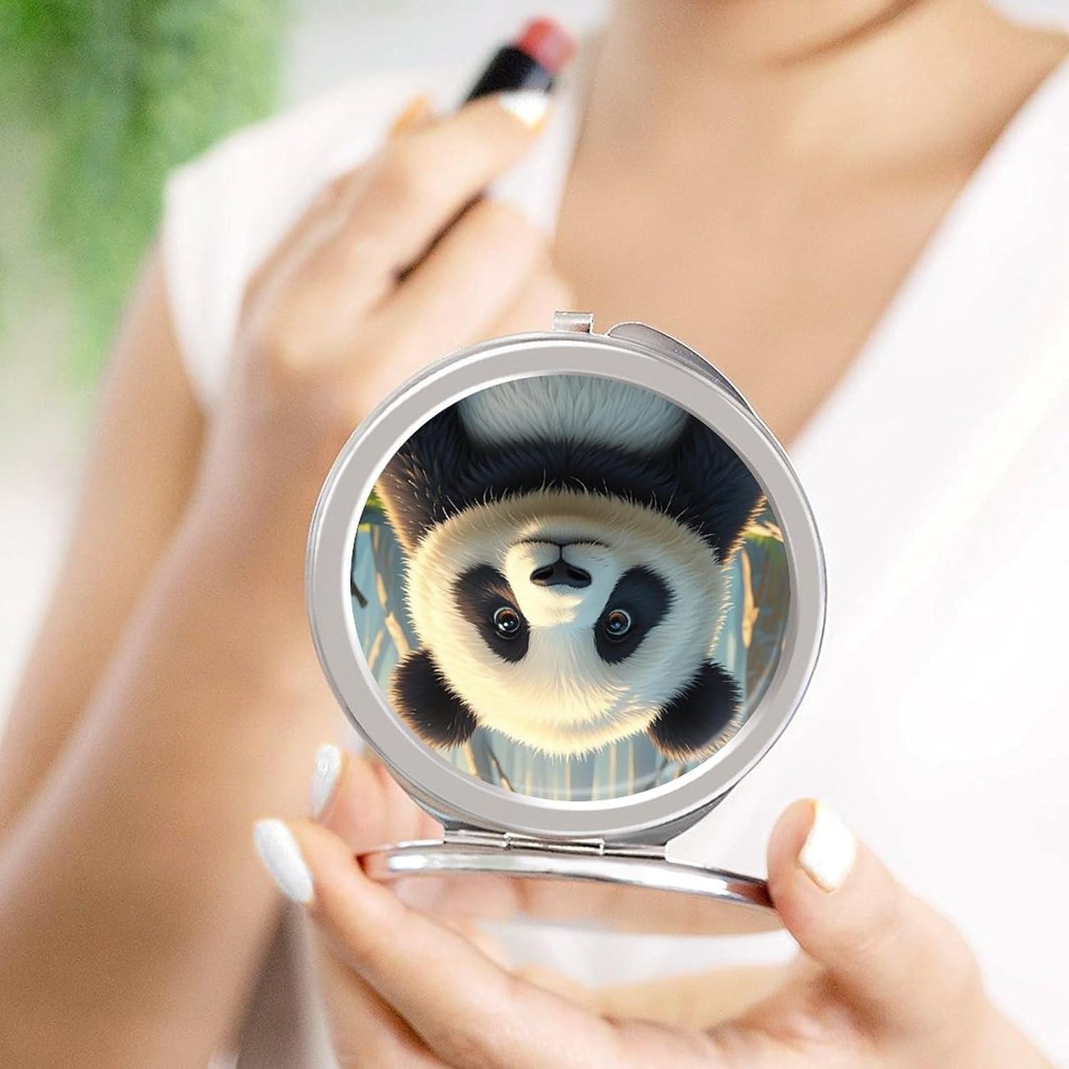 Travel Anime Panda Makeup Mirror Foldable Cosmetic Mirrors with 1x/2x Magnifying Portable Mini Double-Sided Round Mirror for Purse Pocket Handbag Women Girl Gift image 4