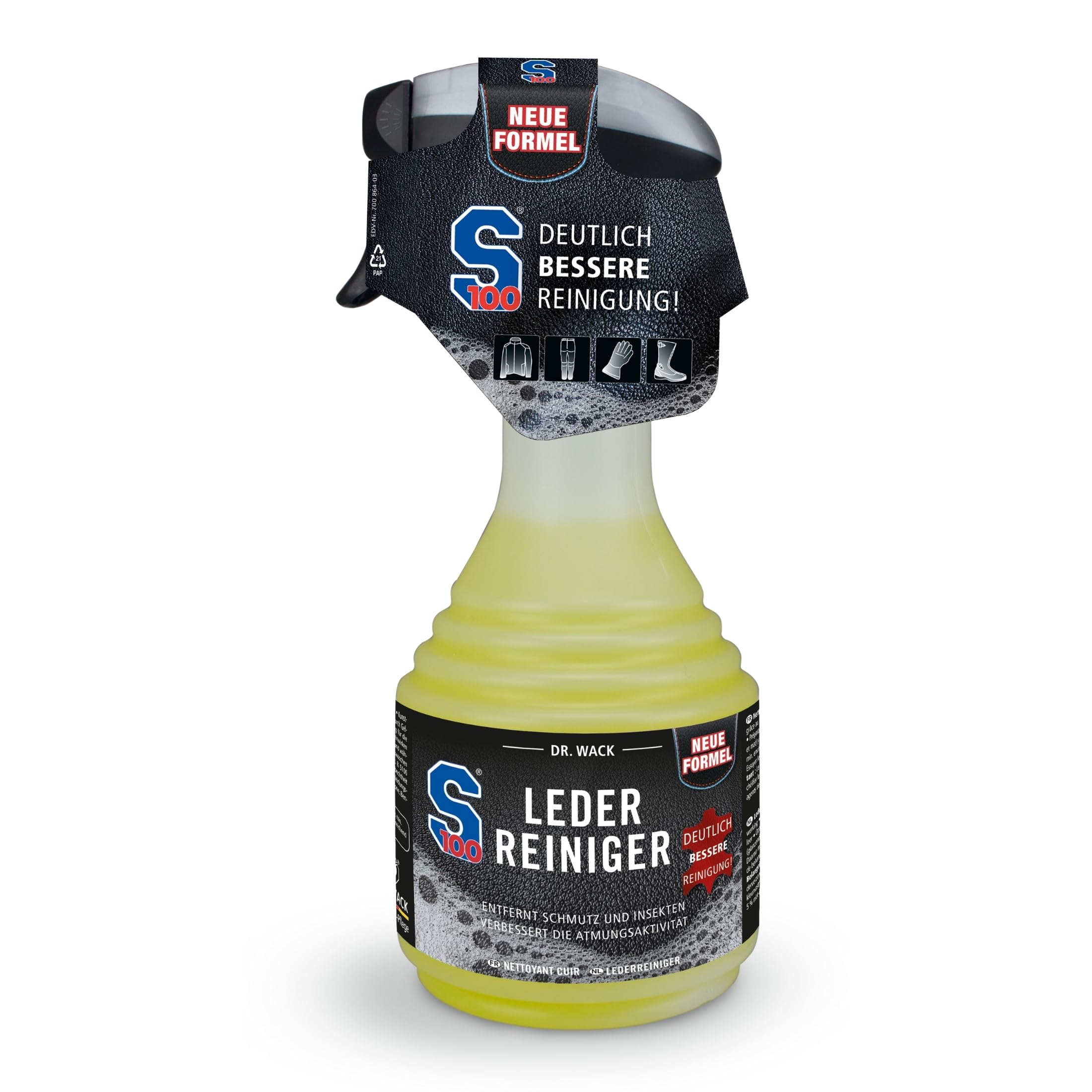 DR. WACK S100 Lederreiniger Gel 500 ml - Reinigungsspray für Motorradbekleidung - porentiefe & schonende Reinigung - Reinigungsmittel für Leder - gründliche Entfernung von Schmutz & Flecken