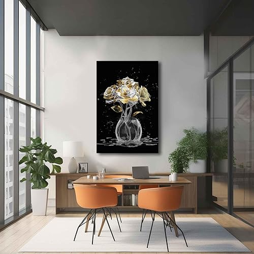 Miniatura 6 de XIANSHOU Arte de pared botánico blanco y dorado sobre fondo negro, decoración de pared para sala de estar, dormitorio y oficina, hogar, cocina, 32 x