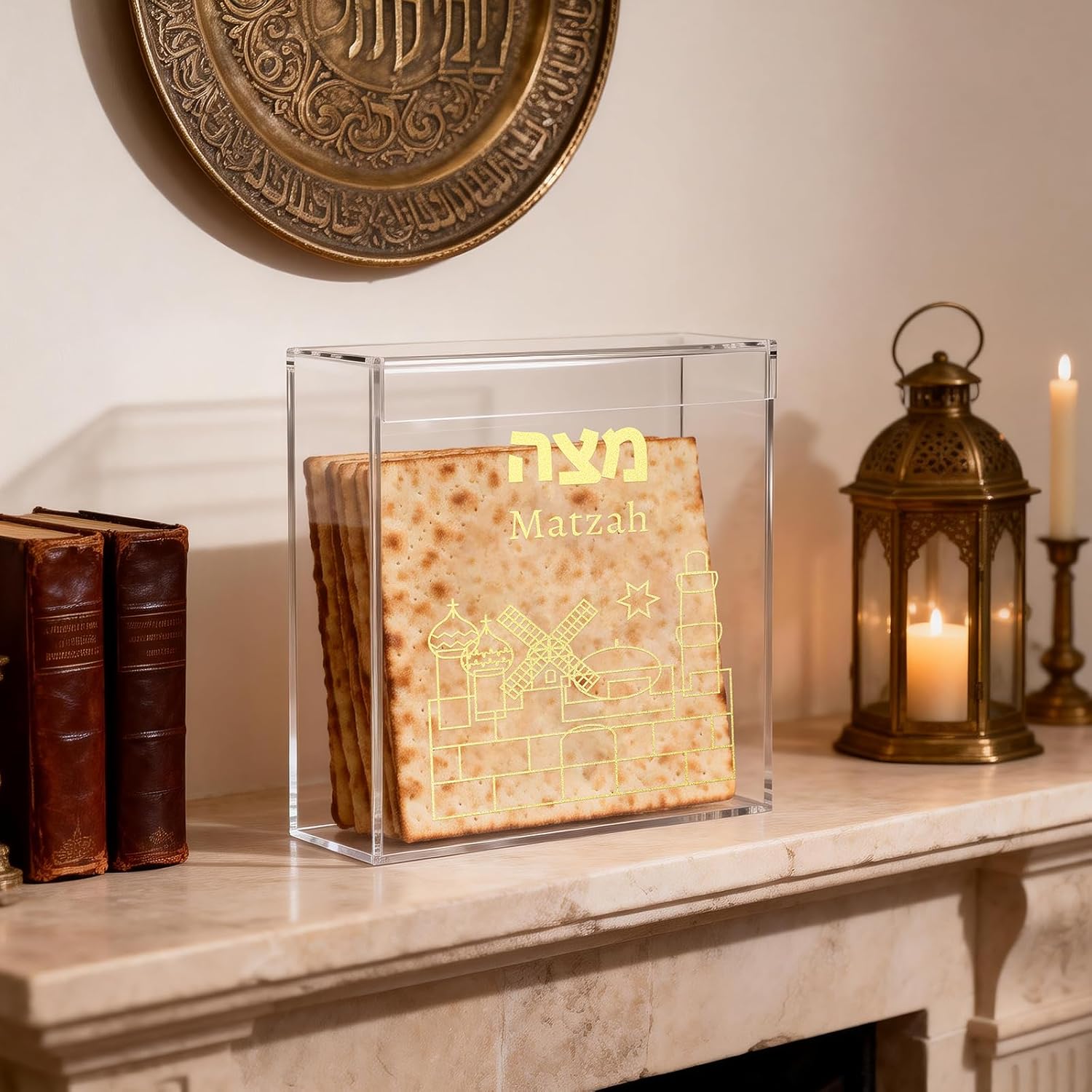 Acrylic Matzah Box Holder 8 x 8 Inches Clear Passover Matzo Box Decor for Storage and Display Elegant Pesach Seder Matzah Holder for Passover Seder Jewish Holiday Table Decoration (Modern)