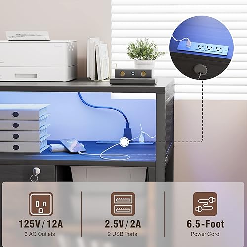 Miniatura 4 de Unikito Archivador lateral con tomas de corriente y puertos de carga USB, soporte de impresora móvil con almacenamiento, gabinete de oficina para