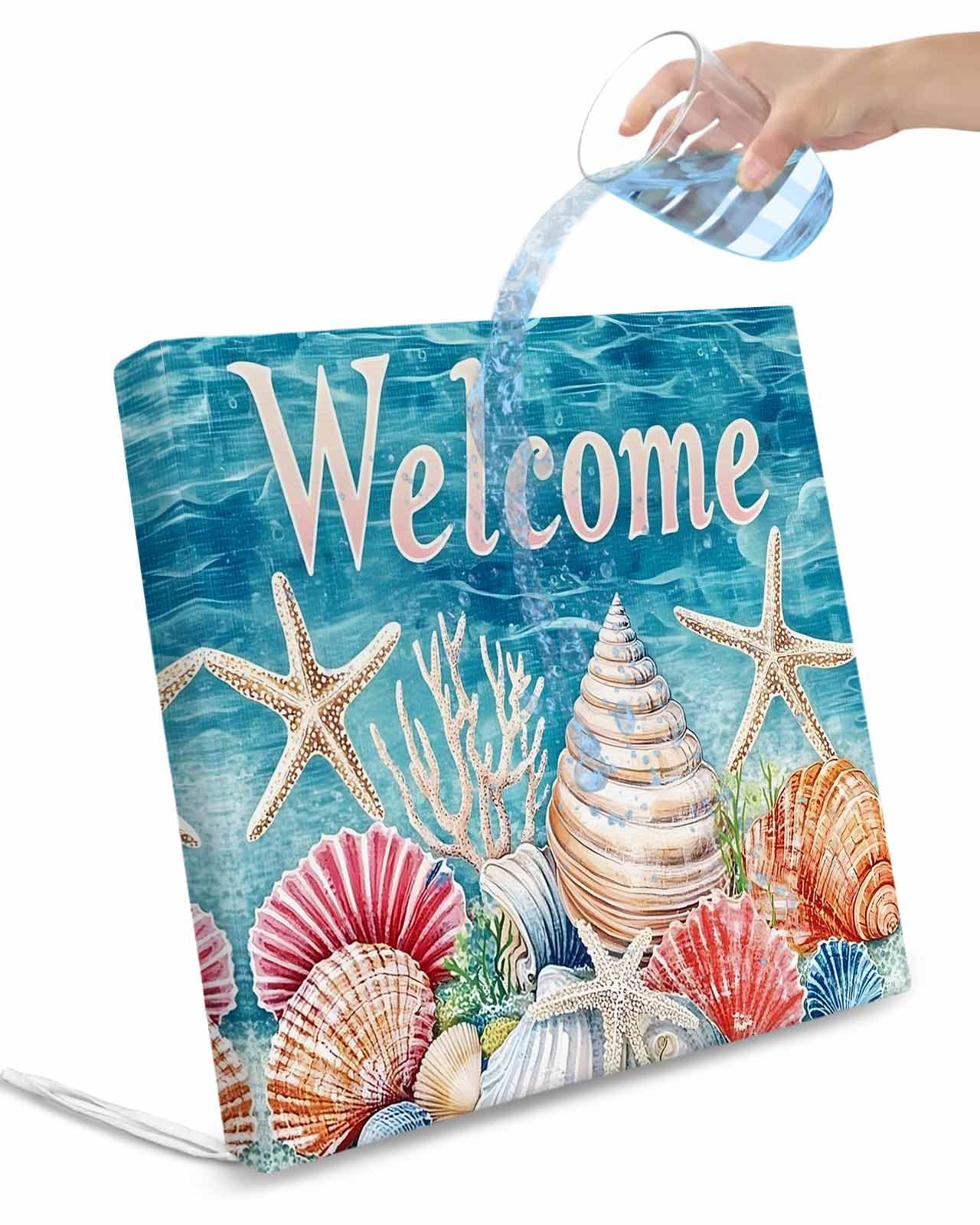 2 Pack Coastal Ocean Waterproof Cushion Covers with Ties, Outdoor Patio Chaise Lounge Chair Seat Cushion Slip Covers Replacement(Only Cover) Summer Wave Starfish Coral Shell 20