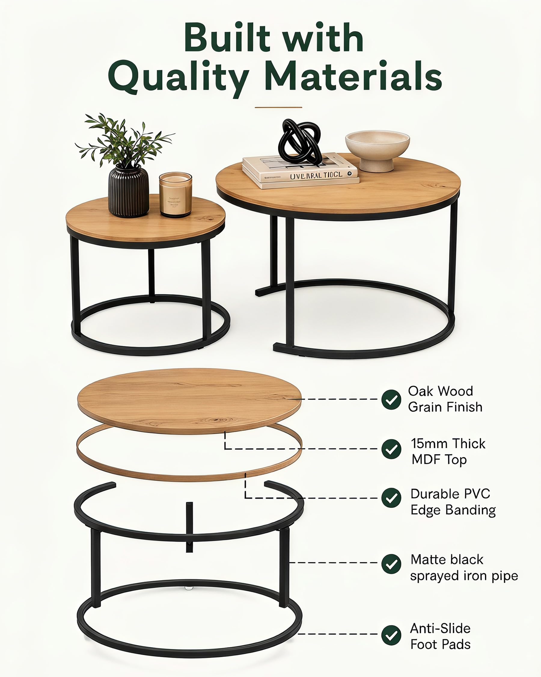 Couchtisch Rund Holz Beistelltisch Couch 2er Set 70cm Coffee Table | Wohnzimmertisch Rund Holz mit schwarzem Metallrahmen Couchtisch 70 x 70 mit natürlichen Holztrukturen