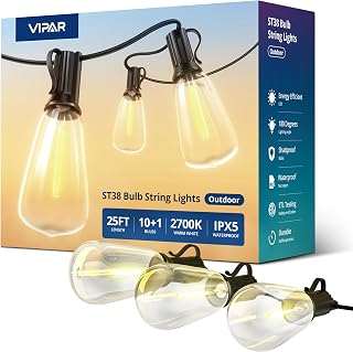 VIPAR 25FT Outdoor String Lights IPX5 Waterproof 10+1 Shatterproof ST38 LED Bulbs 2700K Connectable Patio Porch Backyard Lights