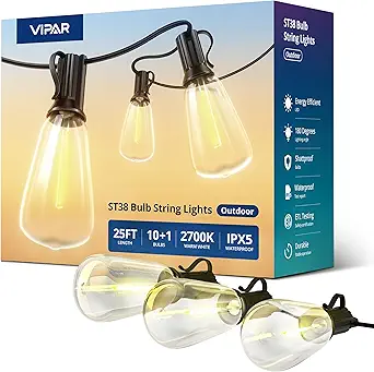 VIPAR Outdoor String Lights 25FT LED Patio Lights IPX5 Waterproof with 10+1 Shatterproof Edison Bulbs, 2700K, Connectable for Porch, Garden, Backyard, Deck, Balcony