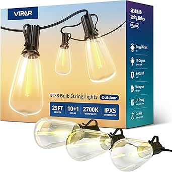 VIPAR Outdoor String Lights, 25FT LED Patio Lights Waterproof, 11 Shatterproof Bulbs