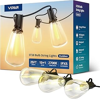 VIPAR Outdoor String Lights 25FT LED Patio Lights IPX5 Waterproof with 10+1 ST38 Shatterproof