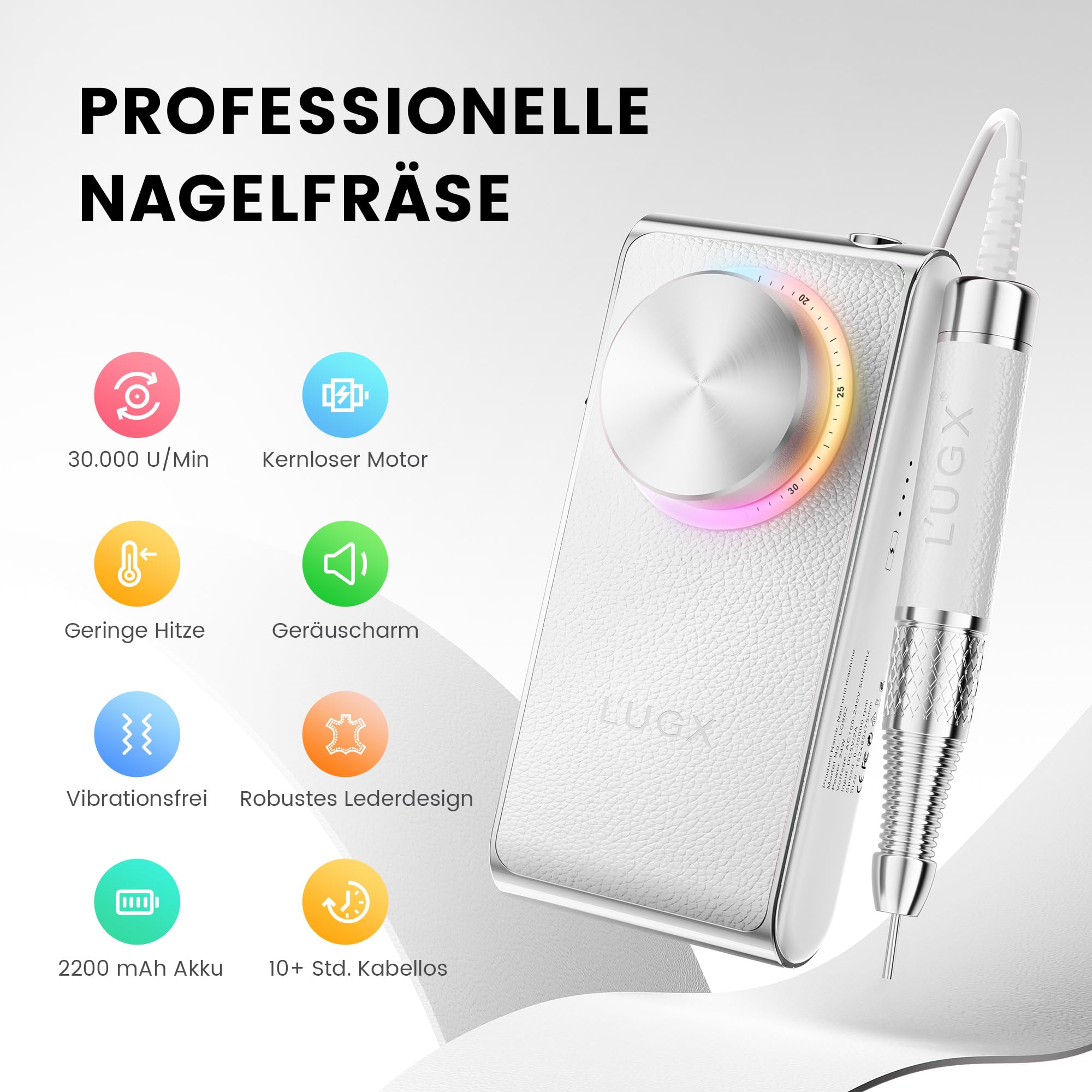 L'UGX Fresa per unghie senza fili Professionale 30000 RPM - Motore senza nucleo, lima elettrica portatile per unghie in gel e acrilico, set manicure elettrico, silenziosa e a bassa vibrazione, lunga