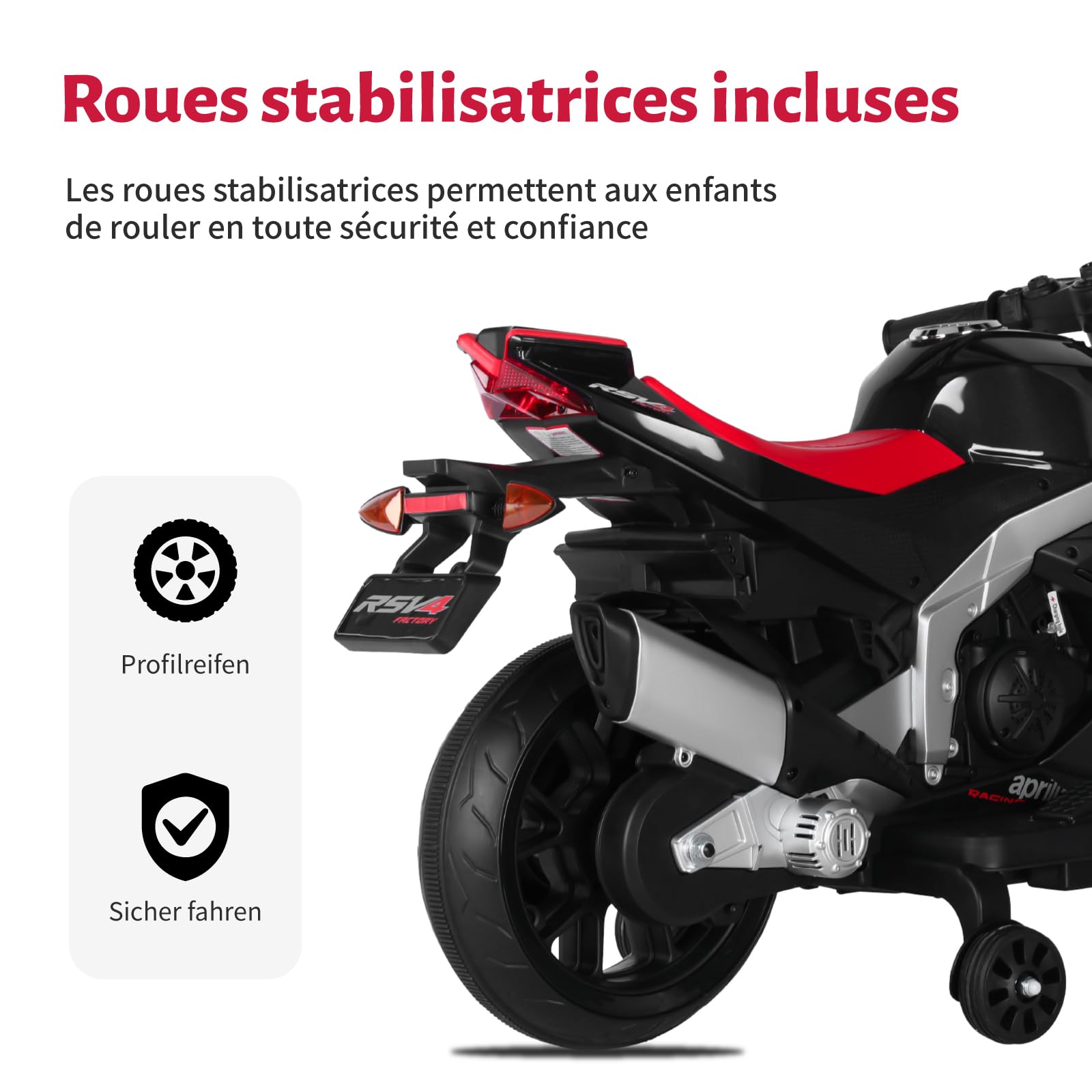 TCARAIWEN Moto Elettrica Bambini, Aprilia RSV4 Licenza Ufficiale 12V per Bimbi di 3 Anni, Mini Motorino Elettrico 102cm con Ruote di Supporto, Bluetooth, 5 km/h (Nero, Piccolo(81cm))