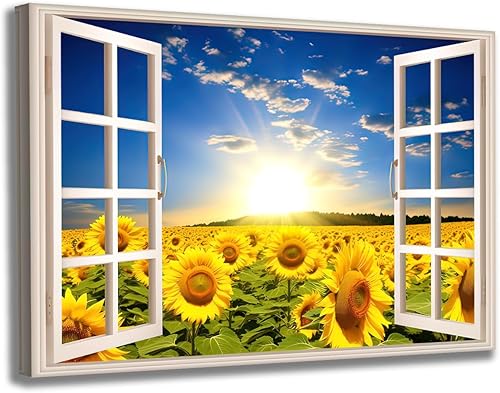GLOKAKA Decoración artística de pared de girasol, vista de campo de girasol y paisaje de cielo azul, arte de pared de naturaleza, cuadros de flores