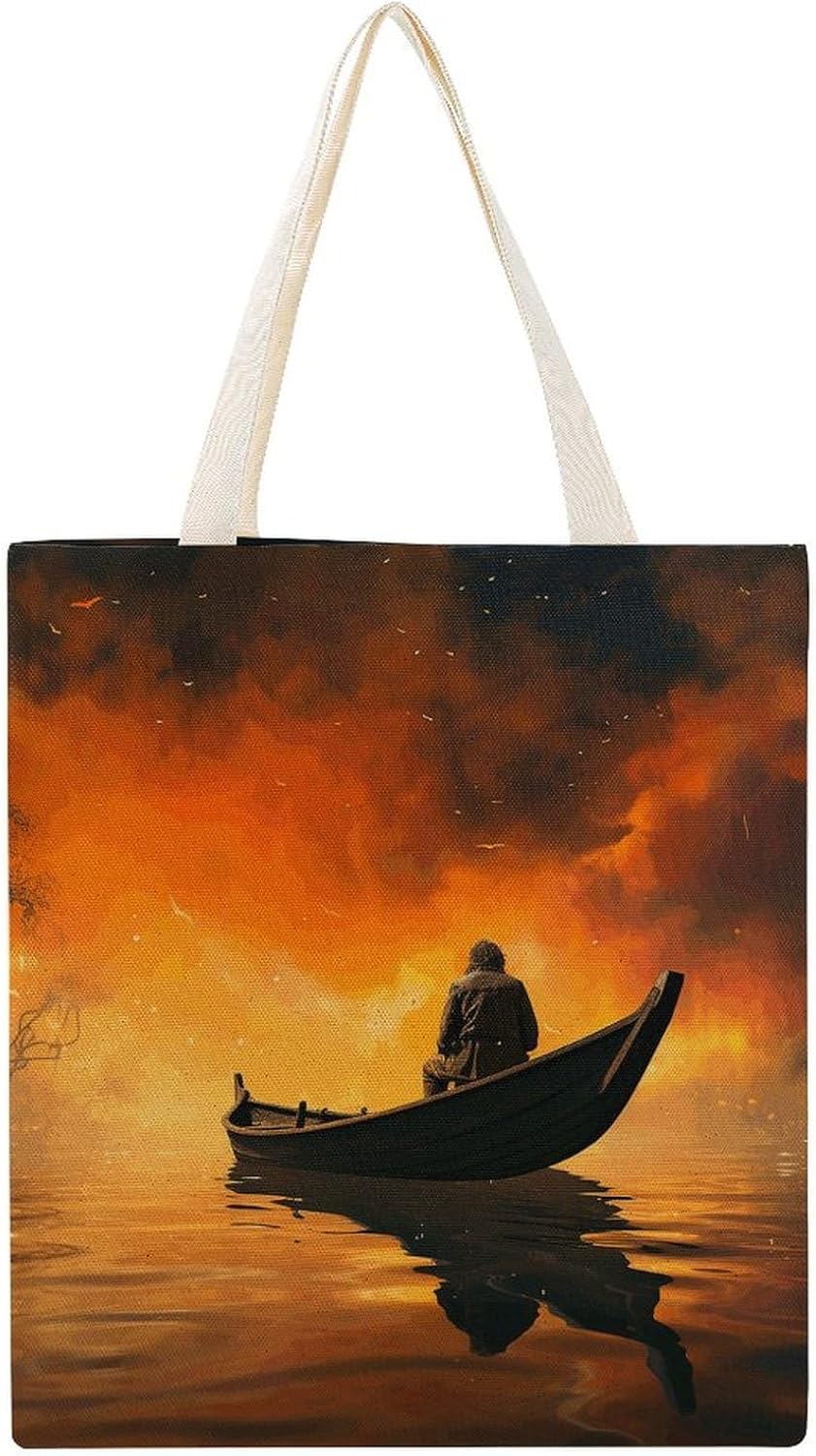 Stylish Shoulder Bag, Man And Boat Print Reusable Grocery Bag Large Canvas Tote Versatile Handbag All-purpose Tote