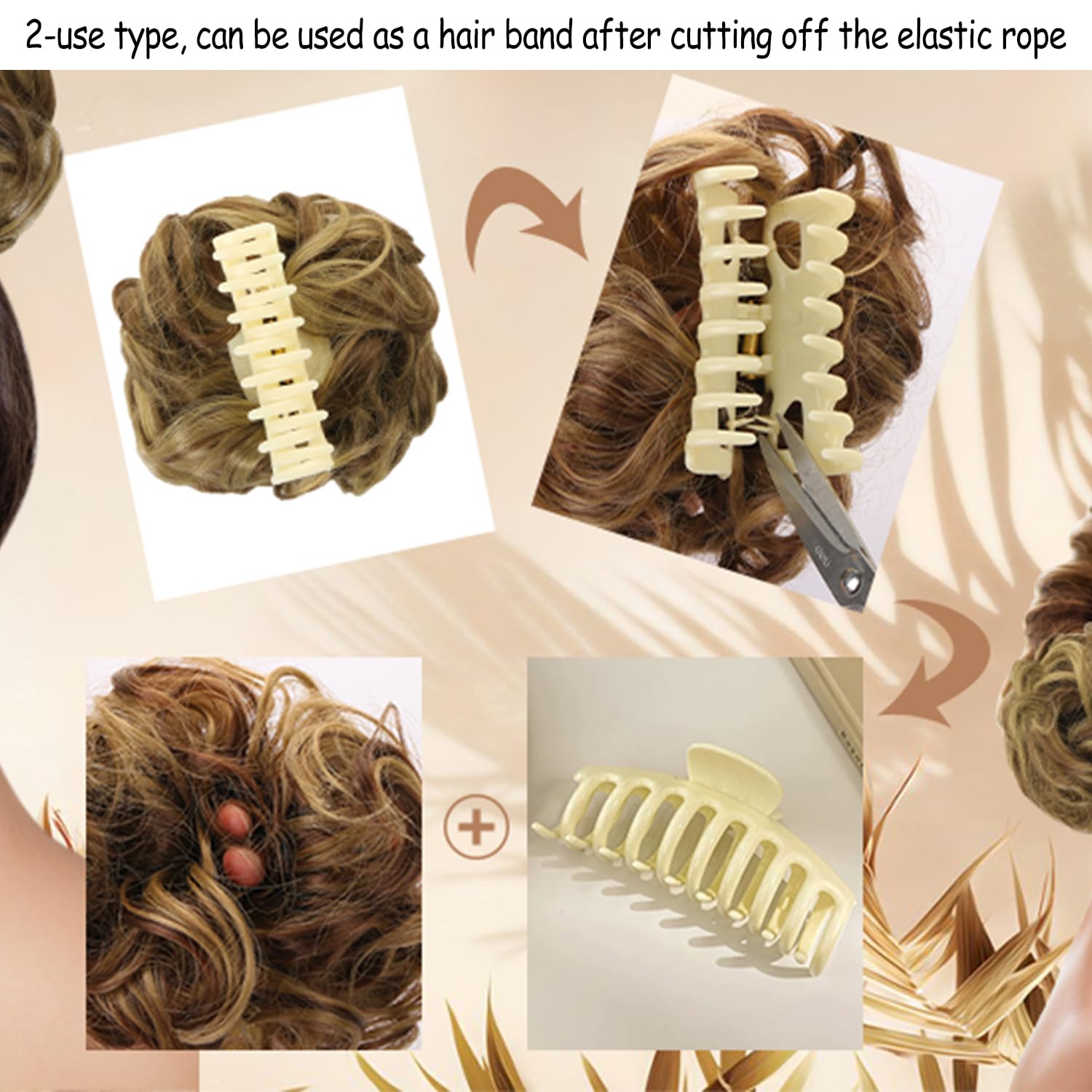 UHOMENY Messy Bun Wavy Curly Synthetic Clip-On Extensions with Large Ponytail Accessory (Brown and Gold) - Image 3