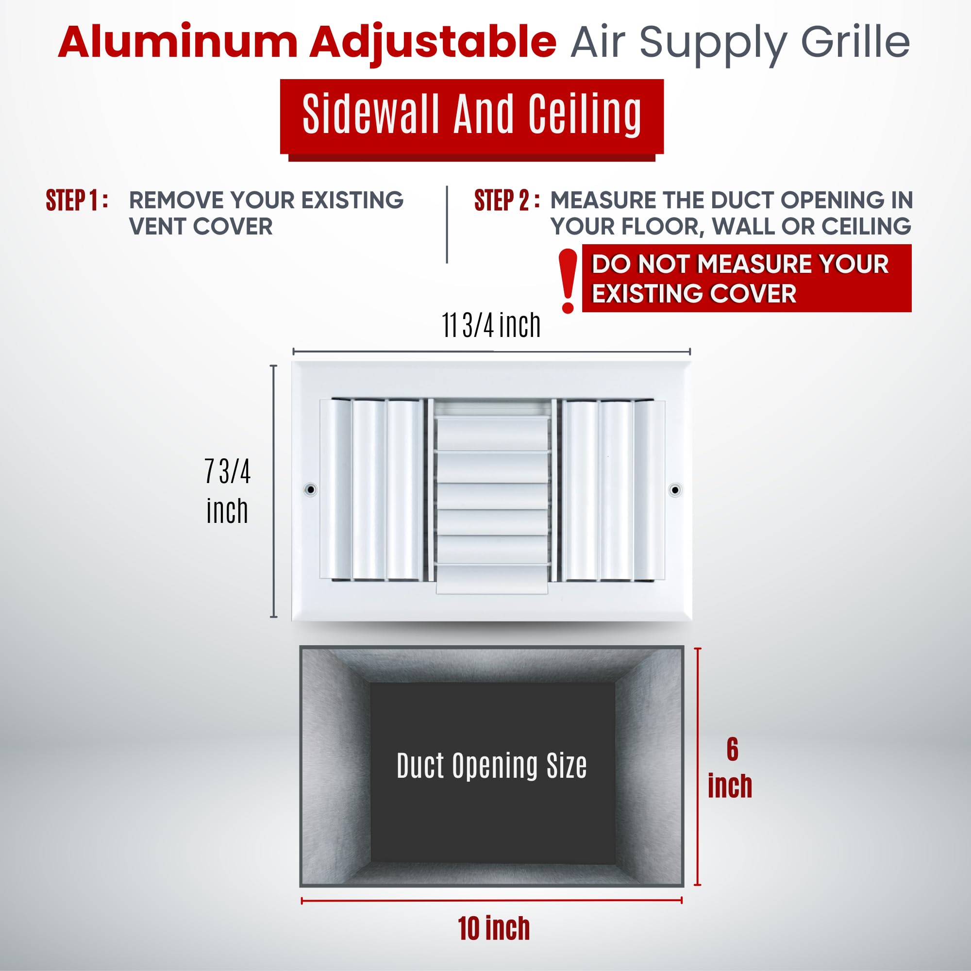 Handua 25,4 x 15,2 cm (l x H) [ouverture du conduit] Grille d'alimentation en air réglable en aluminium sur 3 voies | Grille d'aération pour paroi latérale et plafond | Blanc | Dimensions extérieures