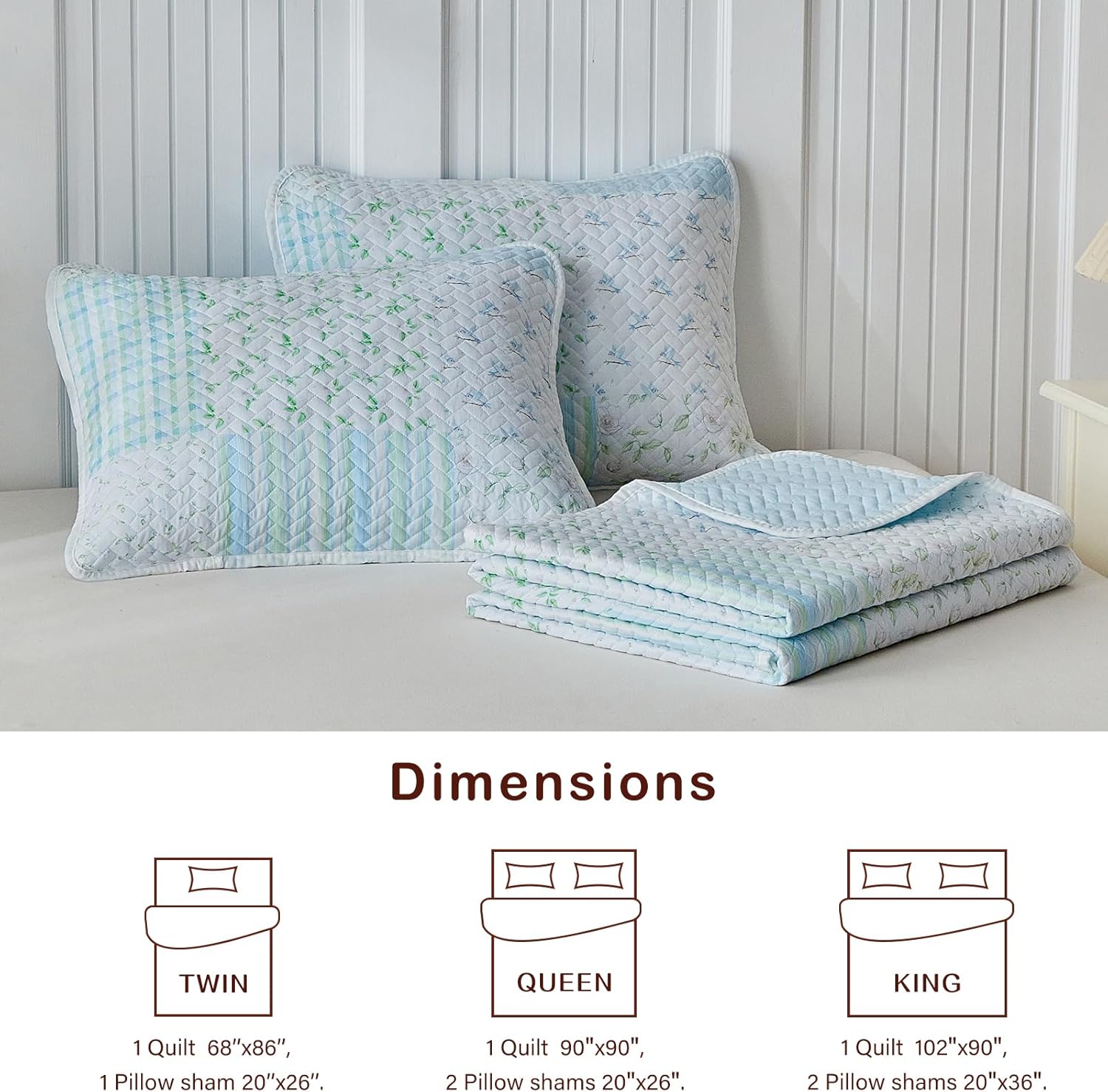 Joyreap 3pcs Floral Quilt Set Queen, Green Blue Plaid Botanical Patchwork Design, Lightweight Cozy Microfiber Bedspread Coverlet for All Season- 90x90 inches