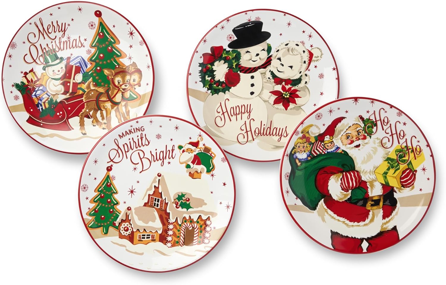 Santa’s Retro Christmas Dessert Plates – Set of 4 Assorted Holiday Plates with Santa, Reindeer & Snowman Art, Festive Vintage Tableware for Christmas