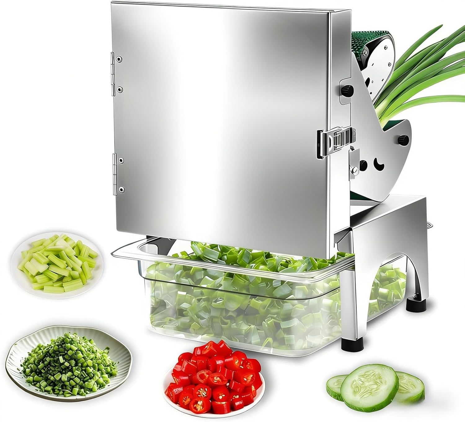 Commercial Electric Vegetable Cutter Set, Automatic Scallion Chopper, Max Output 440lb/h with Conveyor Belt, 1.3-35mm Thickness Adjustable for Chopping Onions, Peppers, Potatoes, Mushrooms