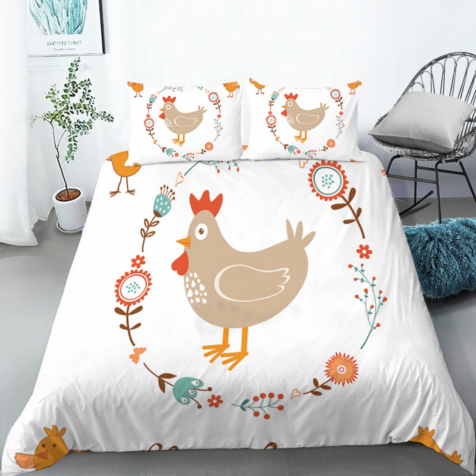 Parure de lit 220x240 coq blanc avec housse de couette doux confortable respirant