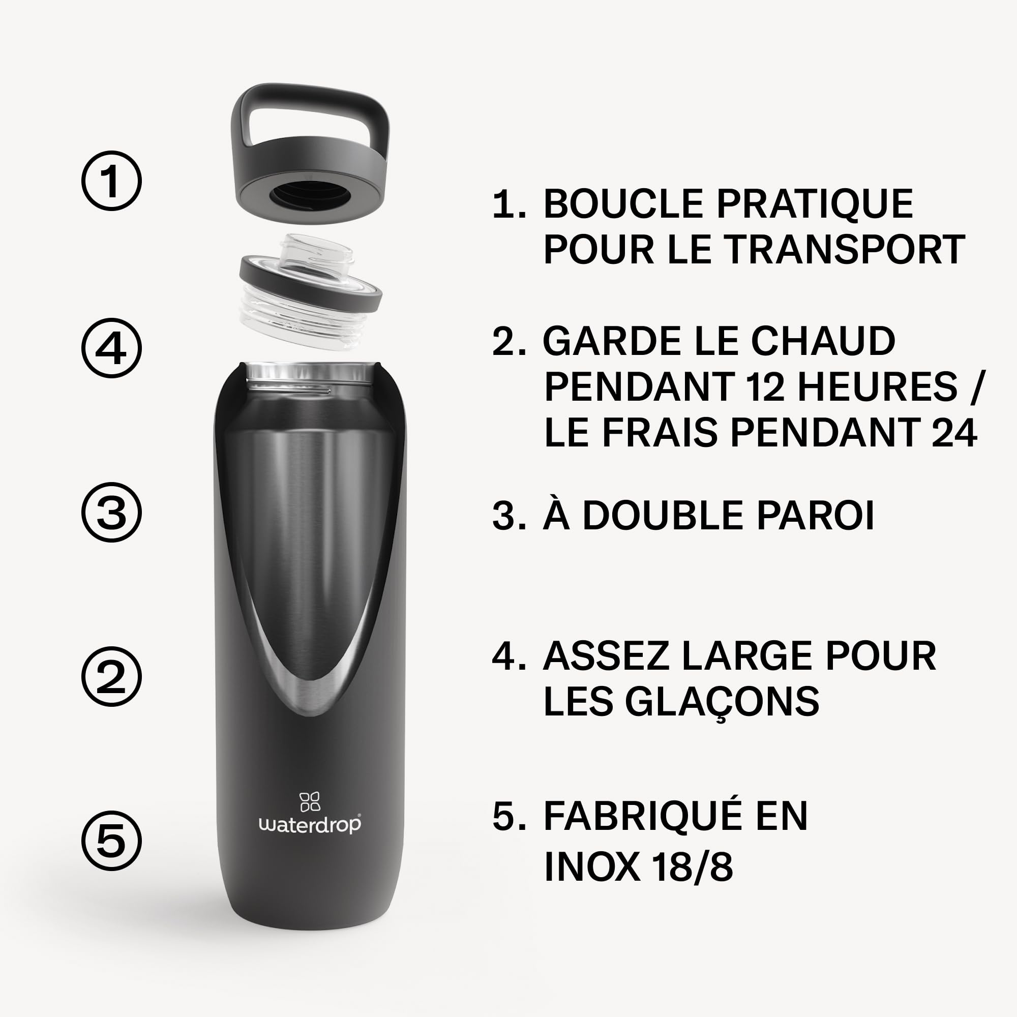 waterdrop® Gourde Thermo 1.4l gourde isotherme en inox, 24h froid - 12h chaud, anti-fuite & résistante, thermo pour le café