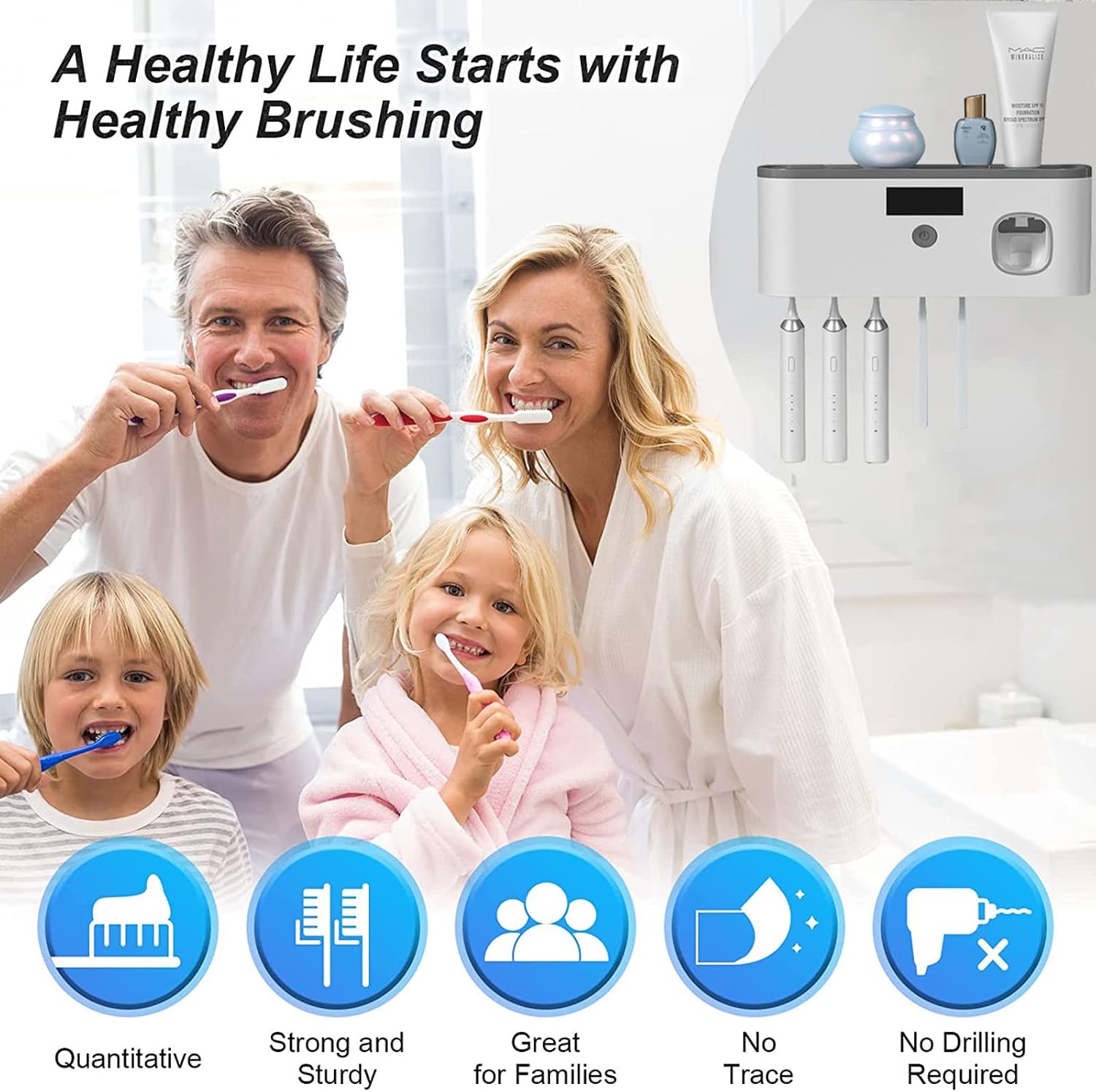 Wall Mounted Toothbrush Holder with Toothpaste Dispenser, Electric Toothbrush Holder for Bathroom, Solar Charging and no Drilling Required Smart Clean Toothbrush Organizer with 5 Brush Slots - Image 4