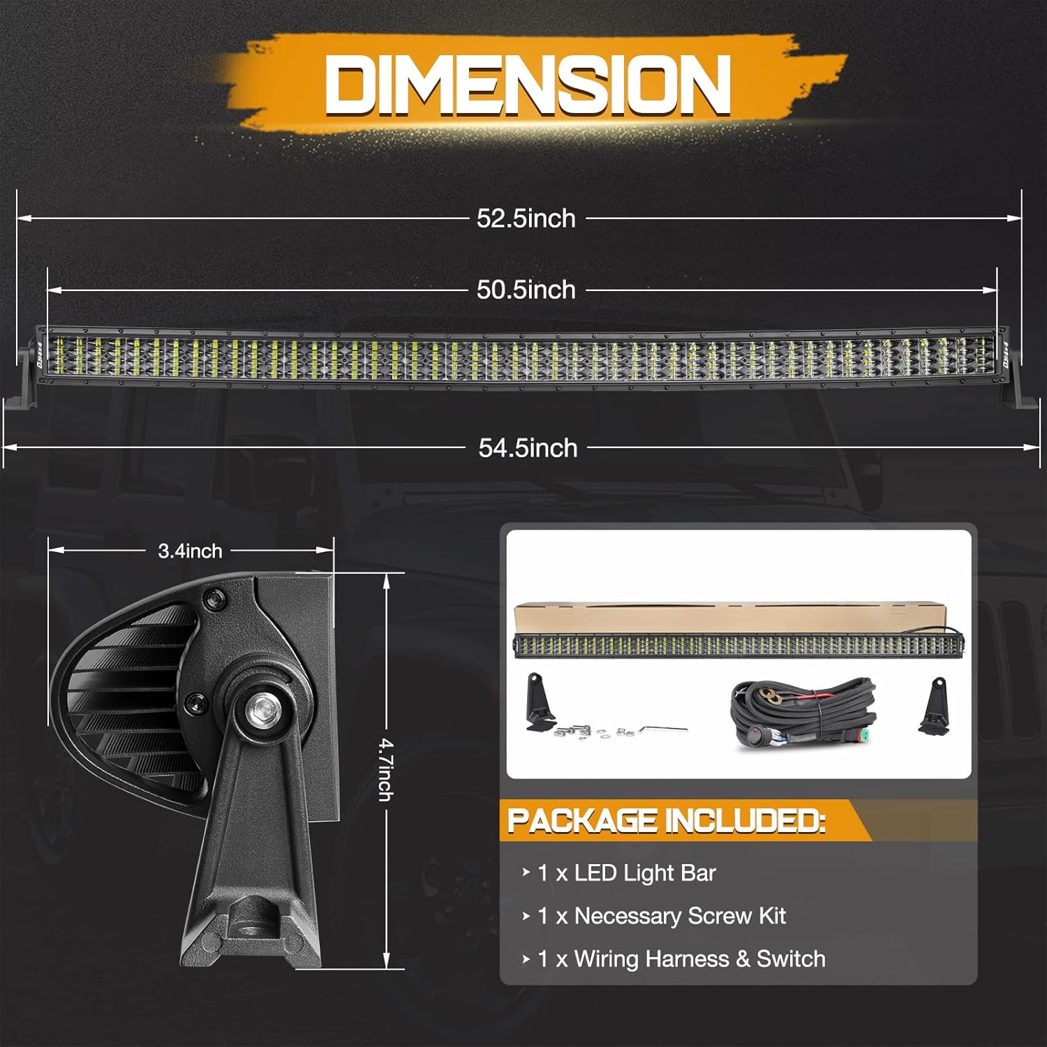 50 Inch Curved LED Light Bar, Niking Auto Quad Row LED Driving Work Light Spot Flood Combo Beam Off Road Lights with Wiring Harness Kit Fog Light Roof Bar for Trucks SUV Pickup Wrangler JK JL 4WD