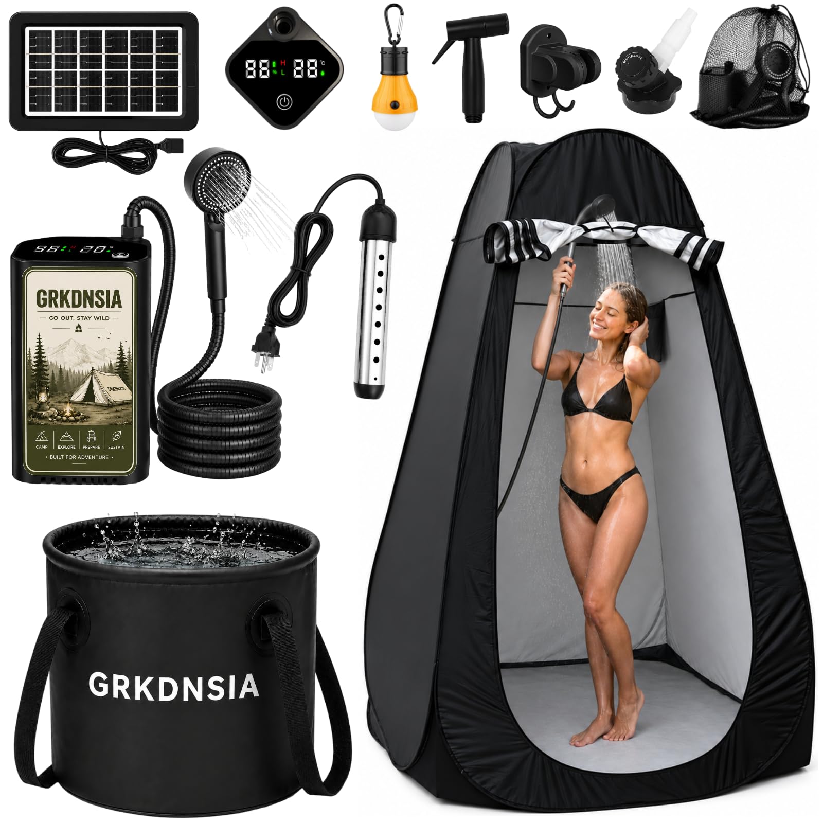 View 1 of 11Pcs Camping Shower with Heater for USB Solar Charging Panel, Shower Tent