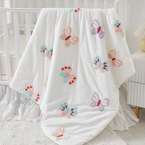 Miniatura 6 de Brandream Juego de ropa de cama 100% algodón para cuna, para niñas, felpilla copetuda, bordado, mariposa, juego de edredón de bebé, 3 piezas, color