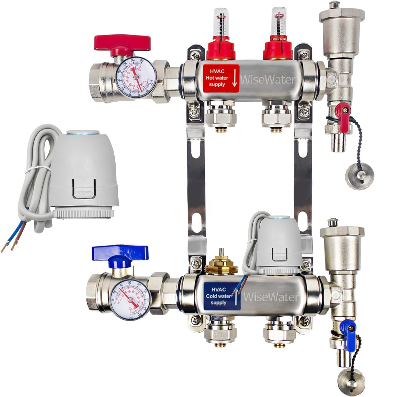 Complete Kit (with 1/2" Connectors) for Hydronic Radiant Heating, 2-Wire 24V Normally Closed, ½" Outlets, Up to 1.4 GPM WiseWater 2 Loops Manifold with Electric Thermal Actuators Included