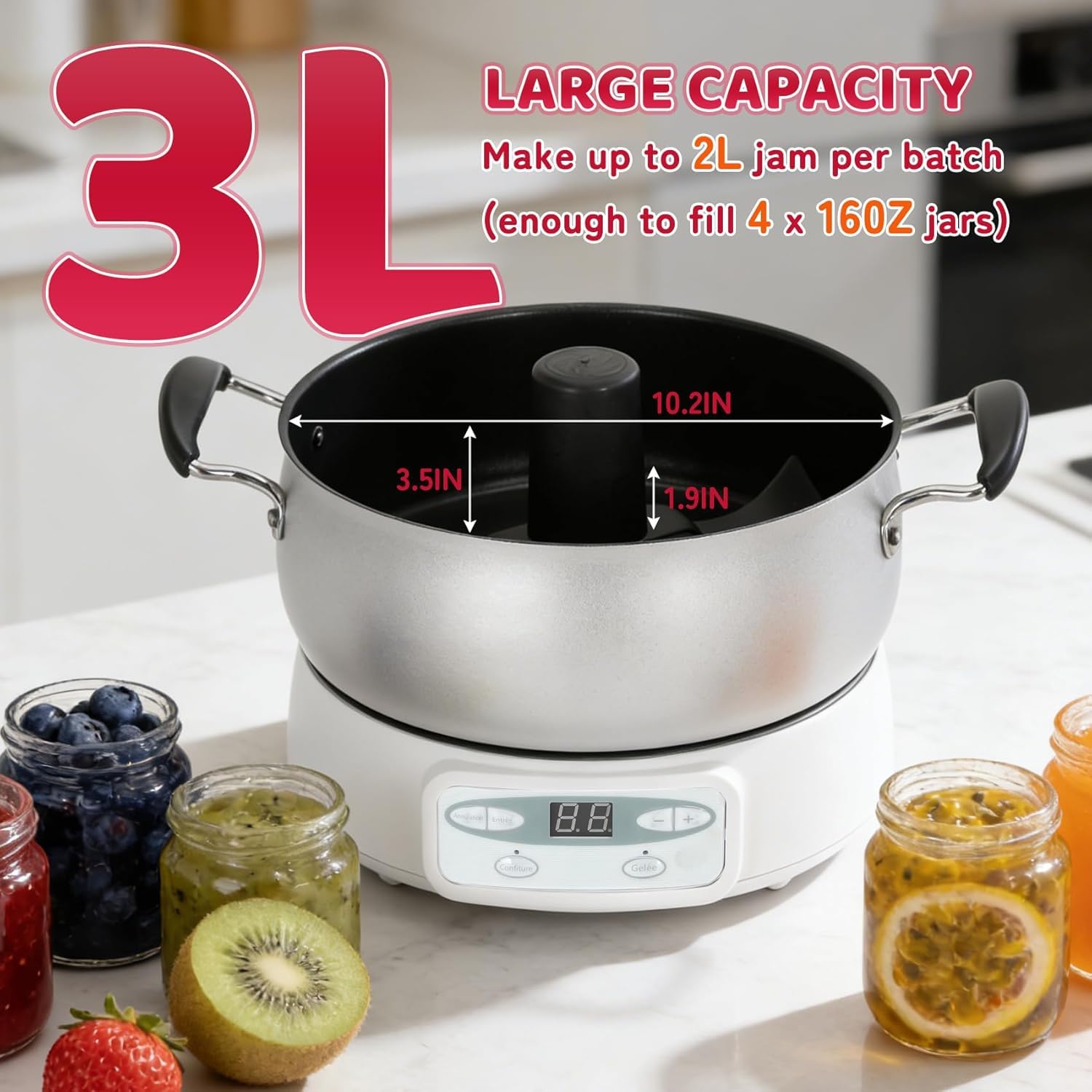 Máquina automática para hacer mermeladas y jaleas de 1000 W, olla eléctrica para salsas y conservas, 2 litros por tanda, antiadherente, con sistema de autoagitación, libre de BPA.