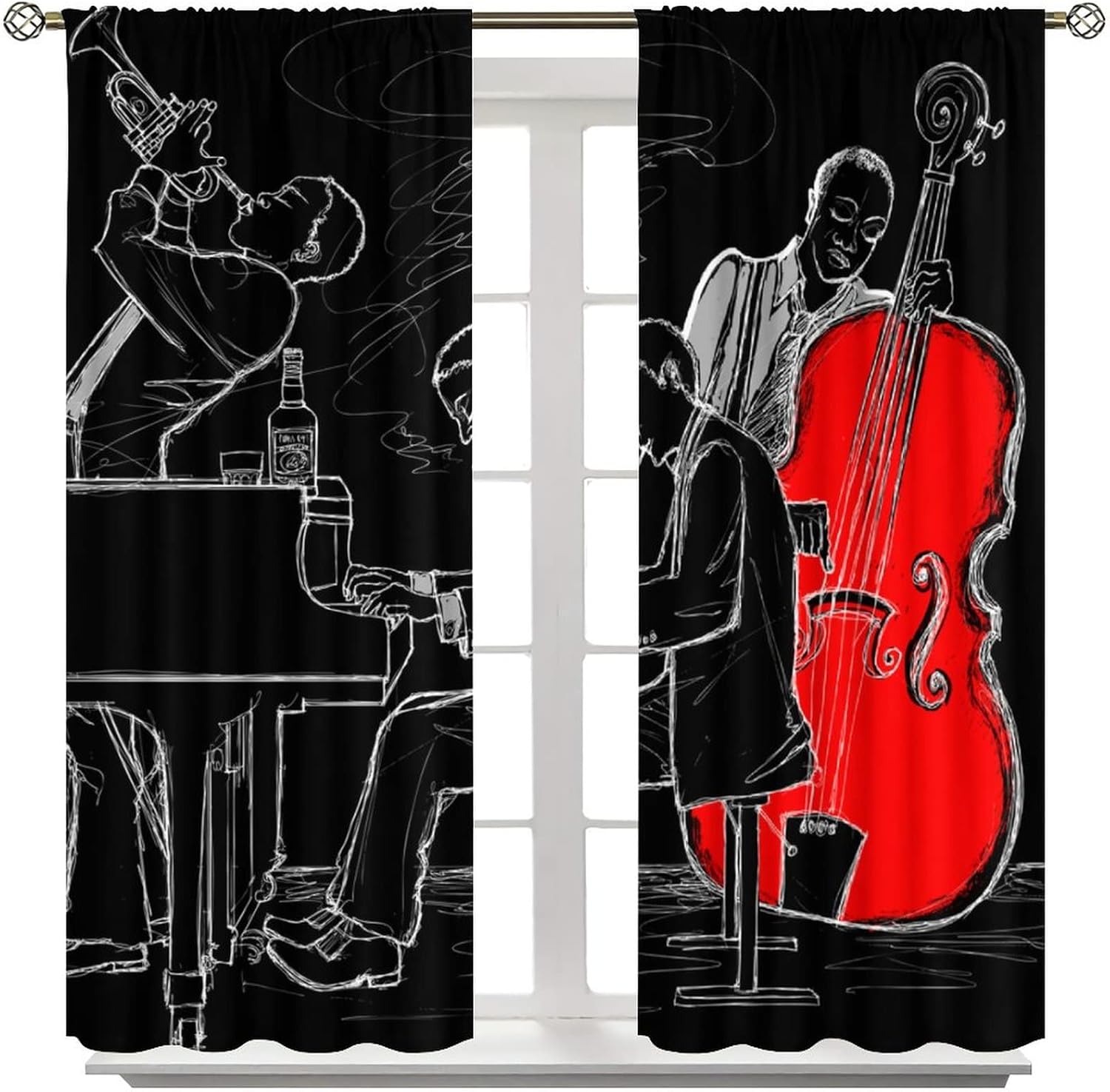 Jazz Music Blackout Curtains,Jazz Band Music Art Theme Window Treatments for Bedroom Living Room Studio Music Room Window Drapes 2 Panel Set,Total Size 42 x 45 Inch