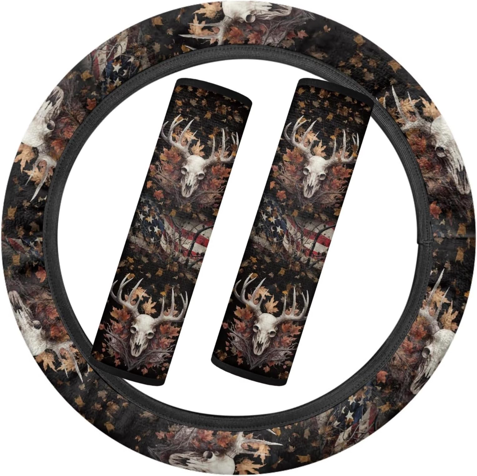 SEANATIVE Deer American Flag Car Interior Protector Sets Includeds Elastic Car Steering Wheel Cover and Comfortable 2 Piece Seat Belt Shoulder Straps Cover Winter Flannel Auto Accessories