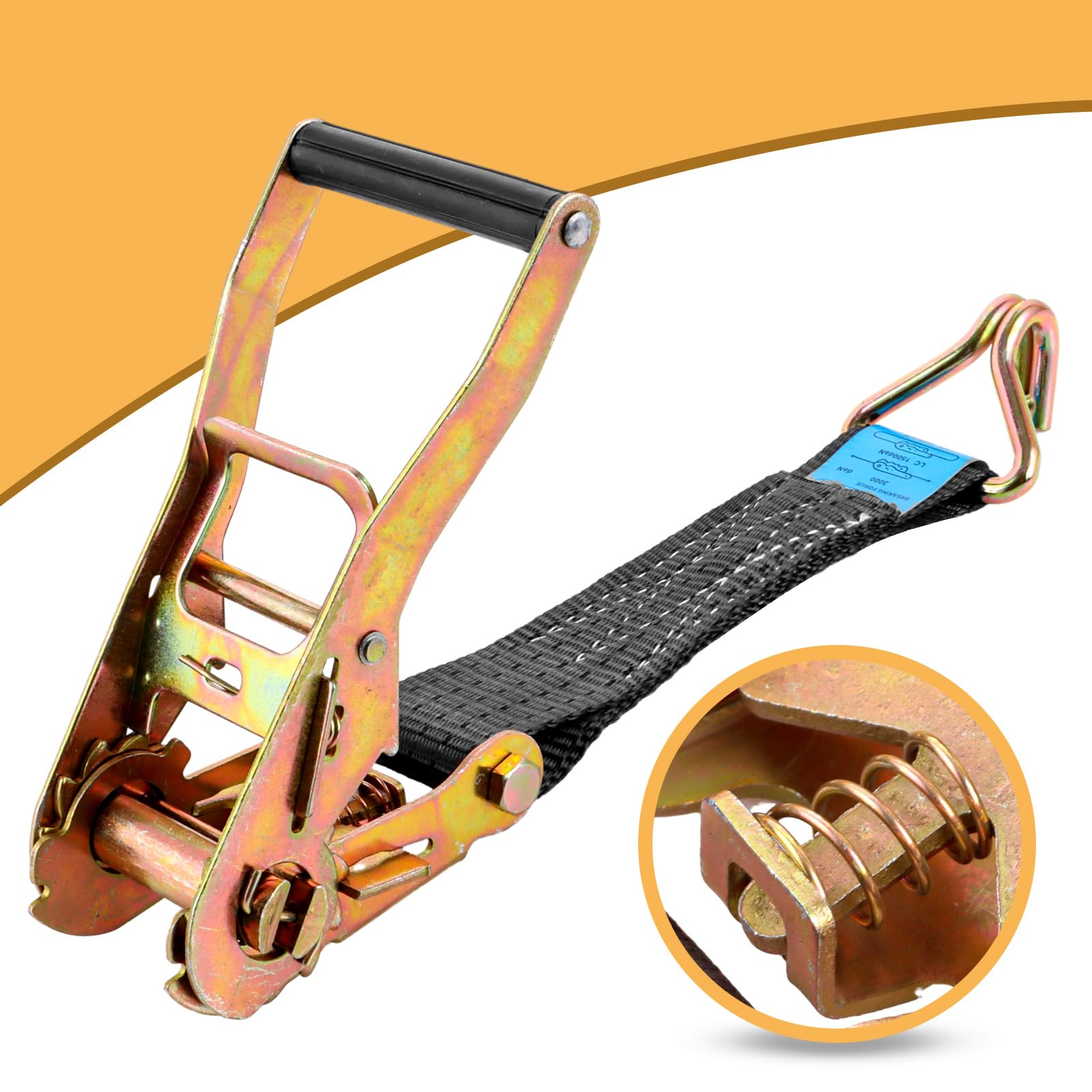 AKOLAFE 2 Piezas Correas de Amarre 5 cm X 10 m, Cinchas de Amarre Negras con Trinquete y Doble Gancho, Cinta de Sujecion de Poliester con Etiqueta CE para Remolque y Coche