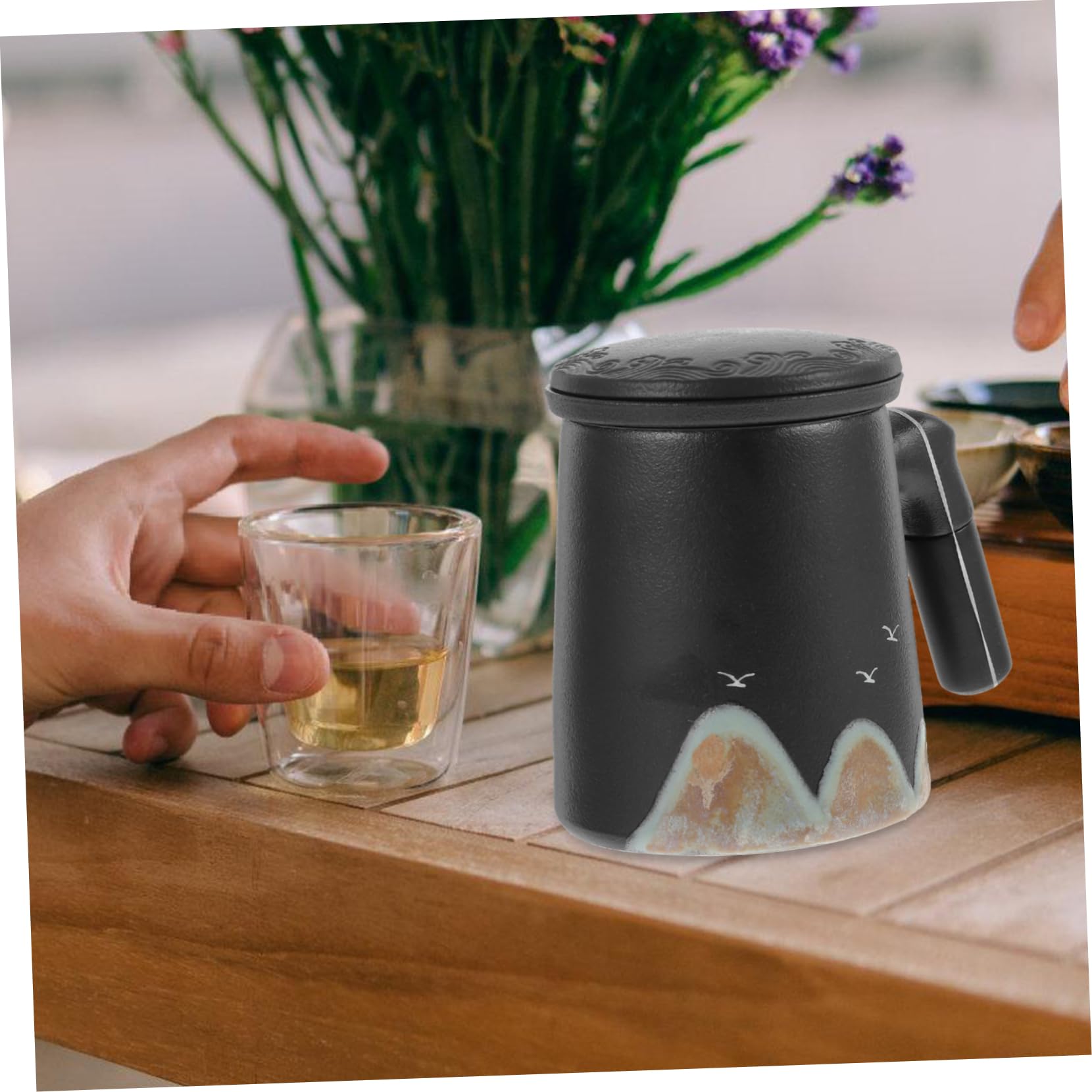 DECHOUS Tasse à Thé en Céramique 410ml avec Couvercle et Séparateur, Noire