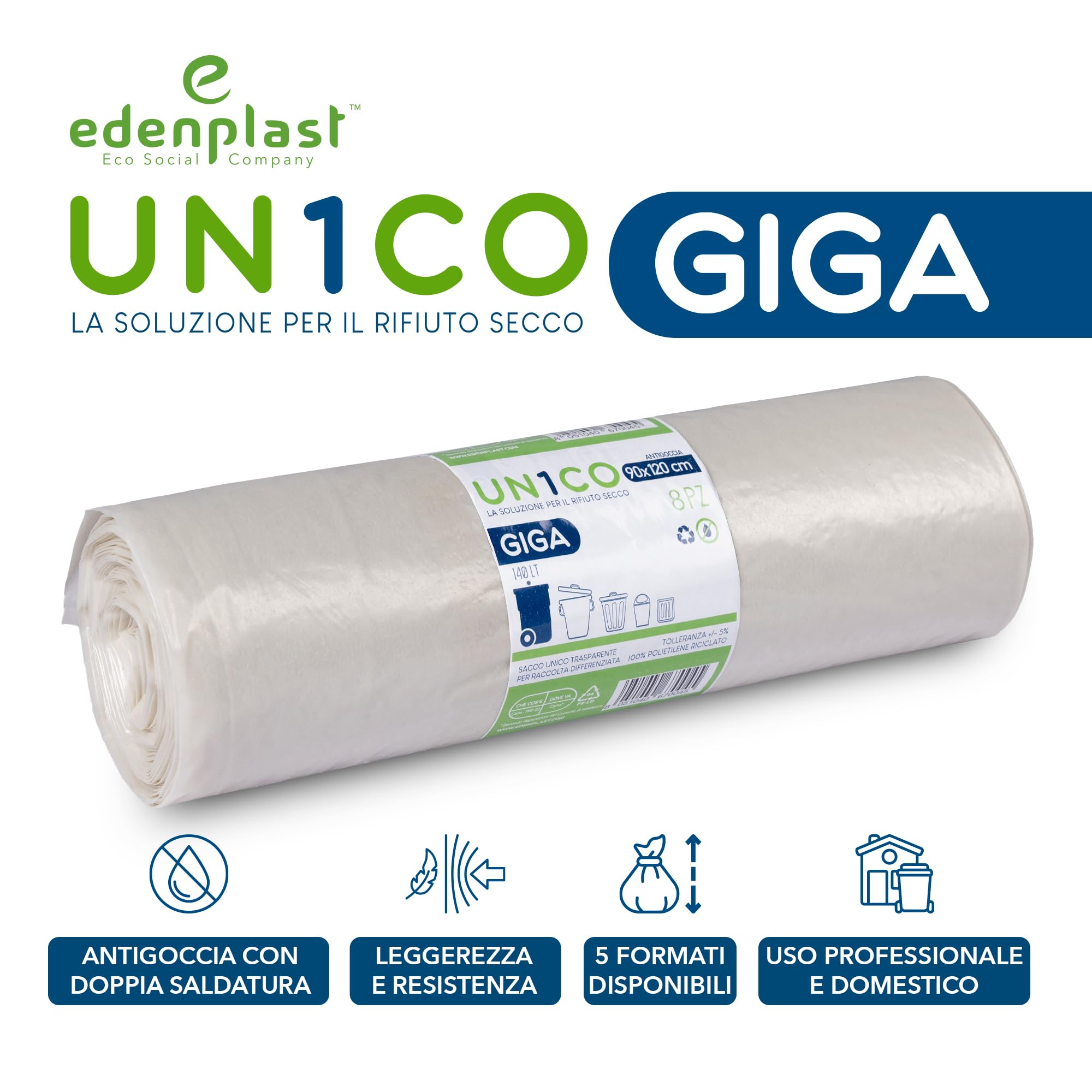 UN1CO GIGA Sacchi Spazzatura Trasparenti 140L - 90x120 cm – Sacchi Raccolta Differenziata Rifiuto Secco - Antigoccia - Polietilene Riciclato - 13 Rotoli da 8 sacchi