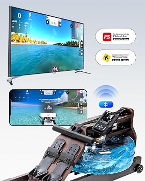 TOPIOM Water Rowing Machine for Home, Oak Wood Water Rowing Machine with TM3 Dedicated Display & Bluetooth, Upgraded Handle, Adjustable Footpad,400-500LBS Capacity