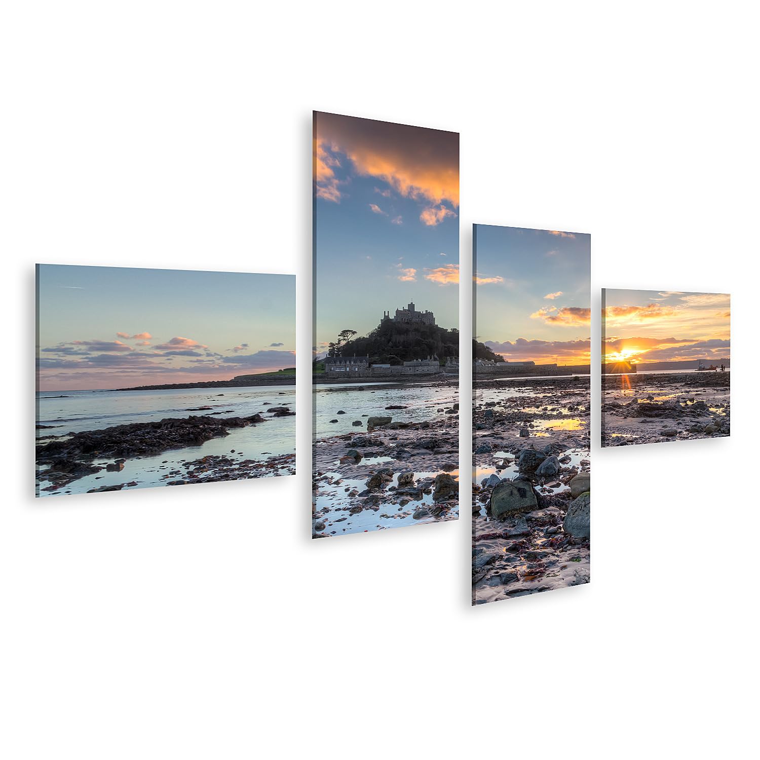 islandburner Bild auf Leinwand Sonnenuntergang über Burg und Meer bei Ebbe Bilder Wandbilder 150x80cm