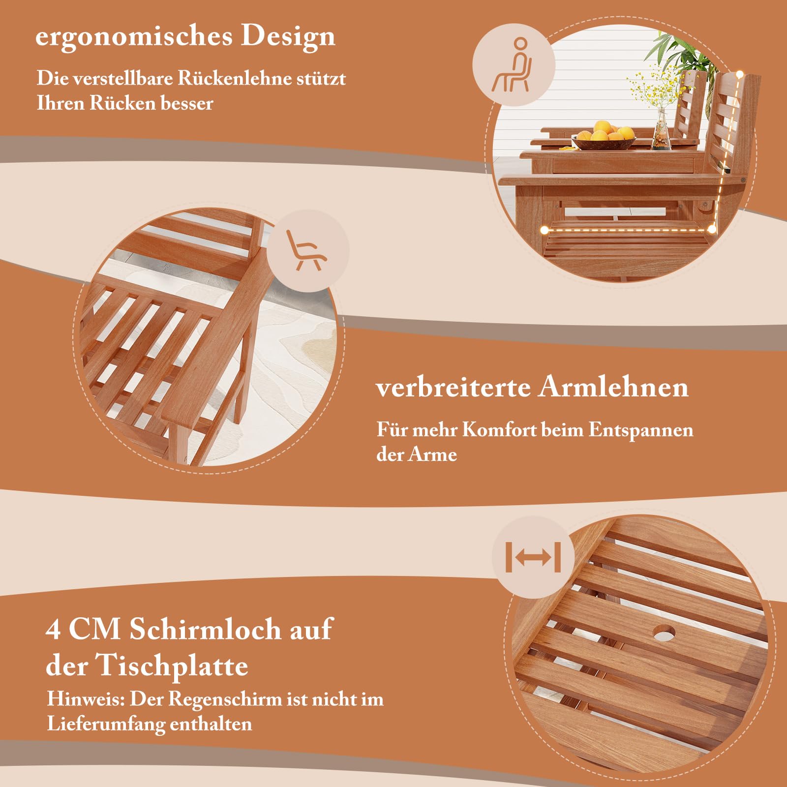 GOPLUS Gartenbank mit Tisch, 2-Sitzer Holzbank mit Schirmloch, Balkonbank aus Hartholz, Sitzbank Outdoor Sitzgarnitur, für Balkon, Garten & Veranda, 159,5 x 61,5 x 88 cm