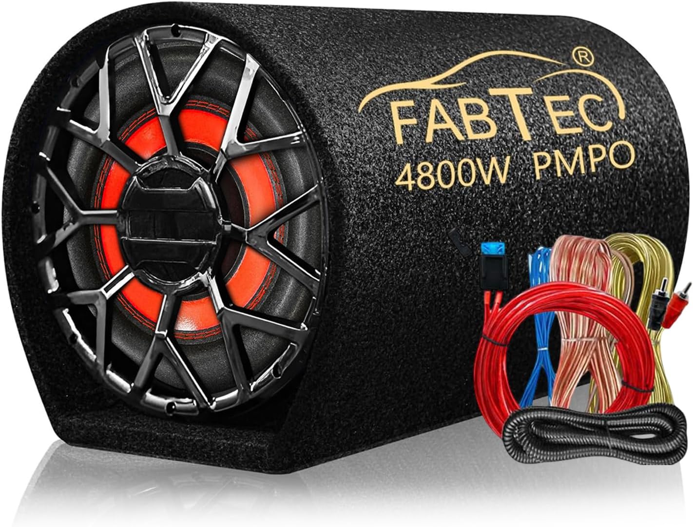 FABTEC 10” 4800W Active Bass Tube Subwoofer for Car Built-in Amplifier Deep Punchy Bass Premium Grey Finish with Amplifier Wire kit