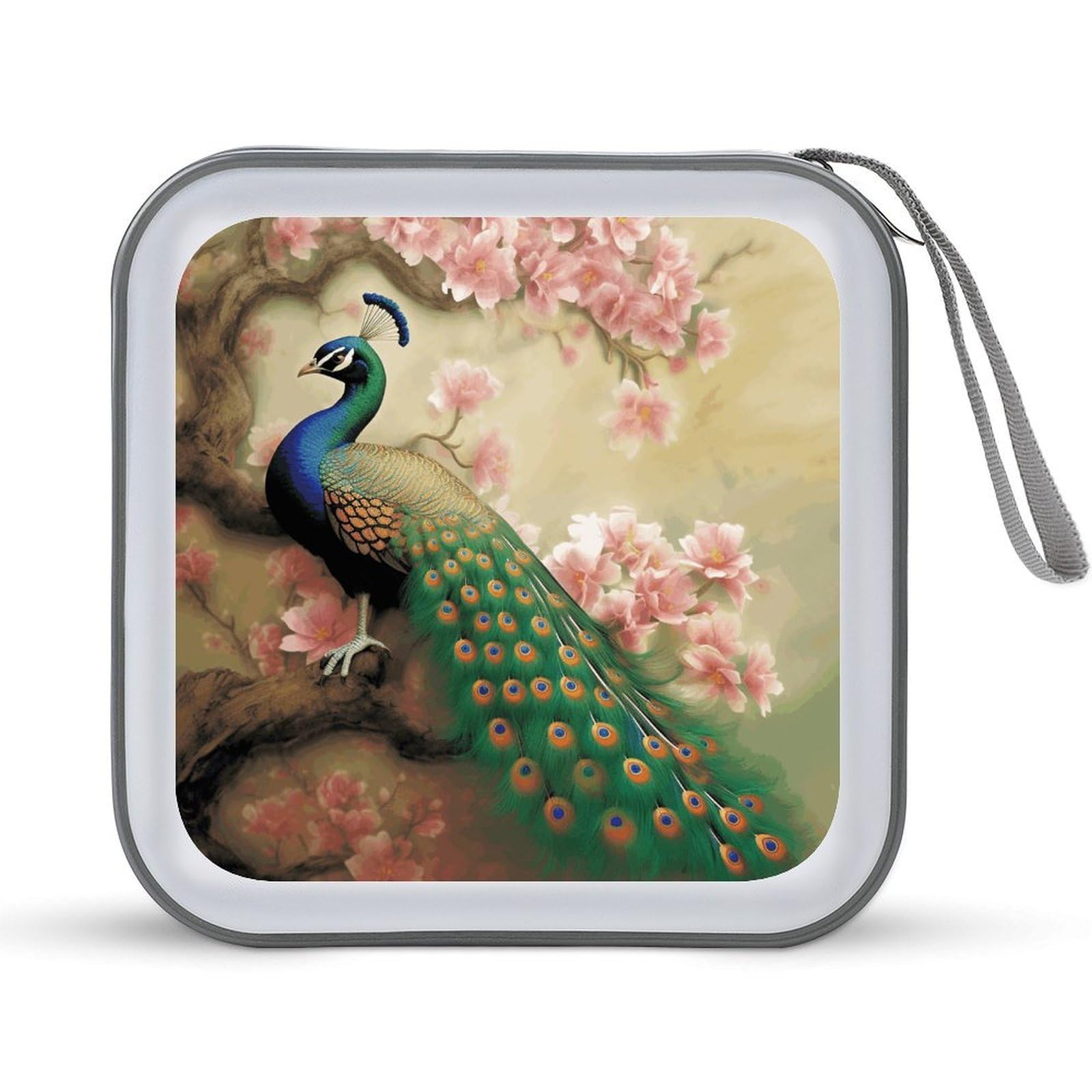 VstaDank Oriental Peacock on Flower Tree 40 Capacity CD Case with Zipper Disc, Portable Hard Plastic CD Storage Organizer, DVD Wallet Organizer for the