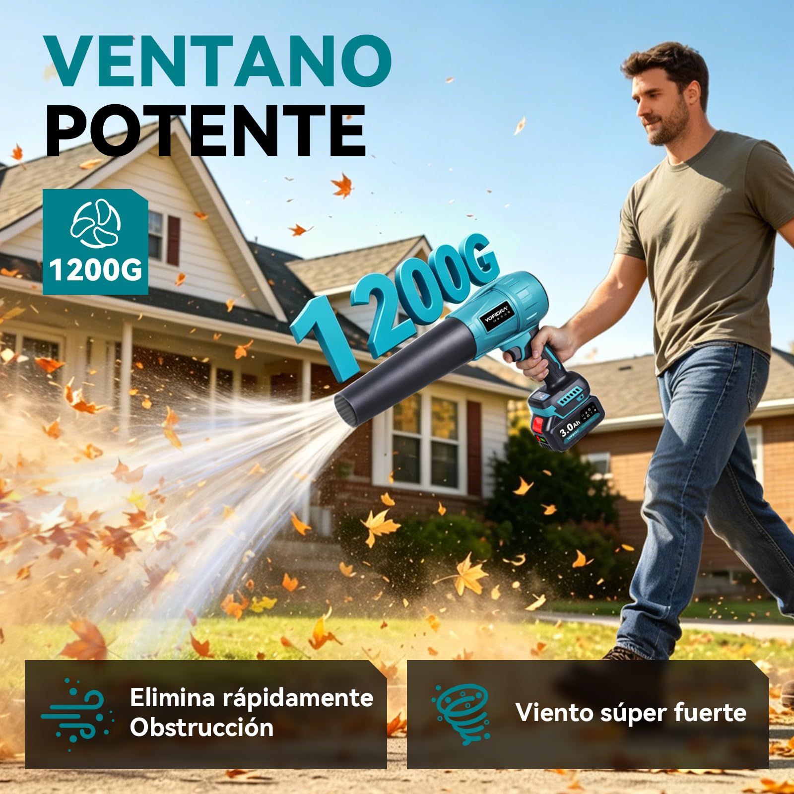 Yofidra Soplador de Hojas Batería, 33.000 RPM, Turbo Soplador de Aire Potente con 2 Baterías, 300m/s, 3 Velocidades, 4 Boquillas, para Limpiar Hojas, Nieve y Polvo