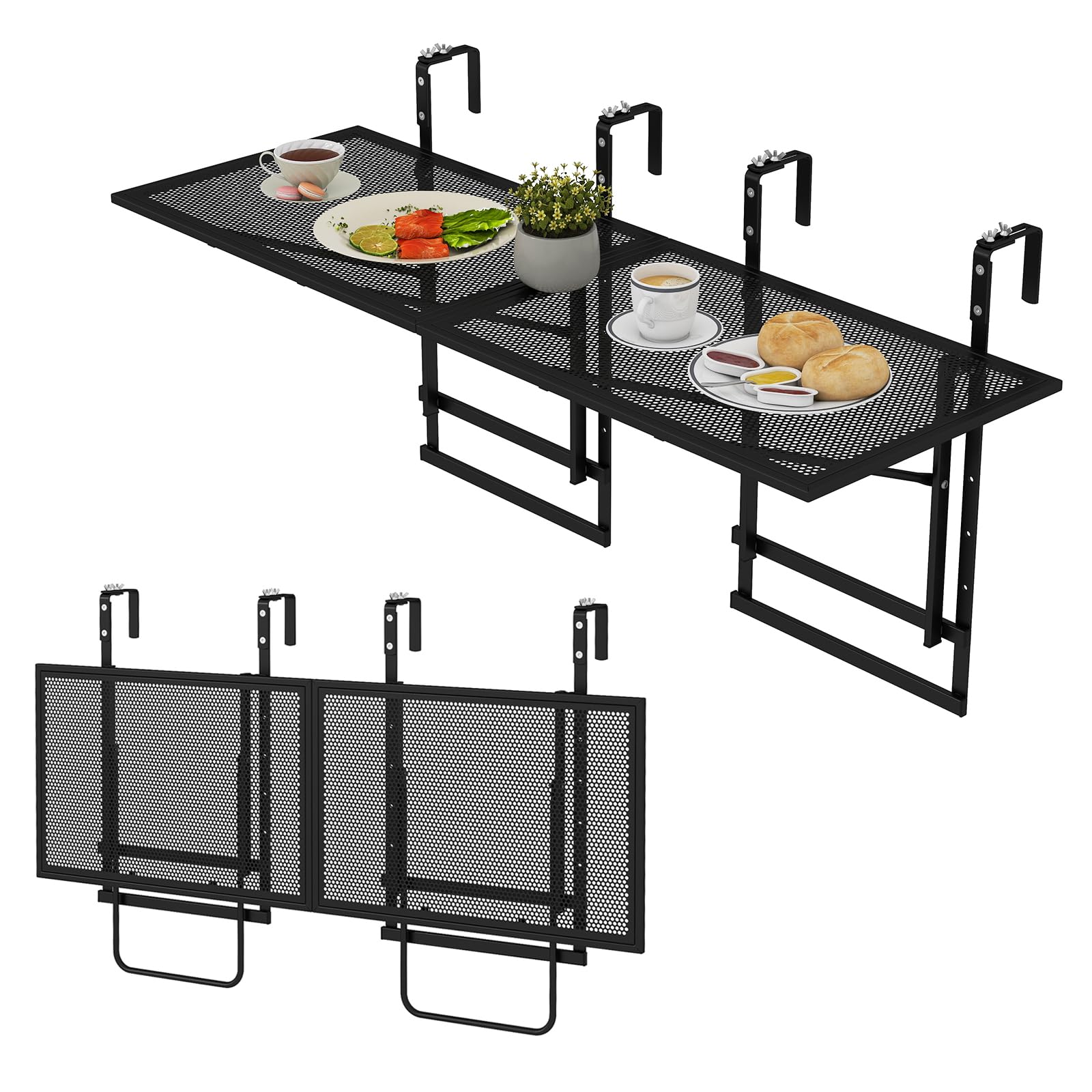 GIANTEX Set di 2 Tavolini da Balcone Pieghevoli, 121 x 41 x 60-80 cm | Tavolo da Ringhiera in Metallo con Ampio Ripiano, 5 Livelli di Regolazione in Altezza, Tavolo Sospeso Richiudibile